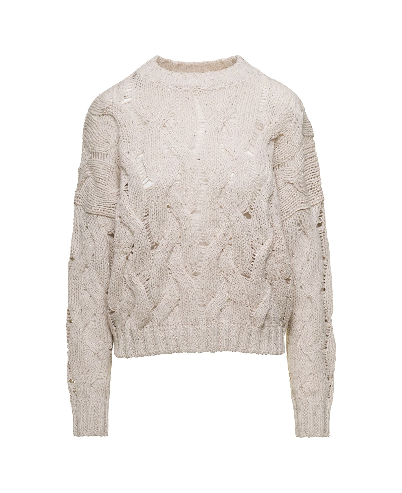 Antonelli 'cremona' Off-white Cable-knit Crewneck Sweater With Micro Paillettes In Wool Blend Woman - Beige