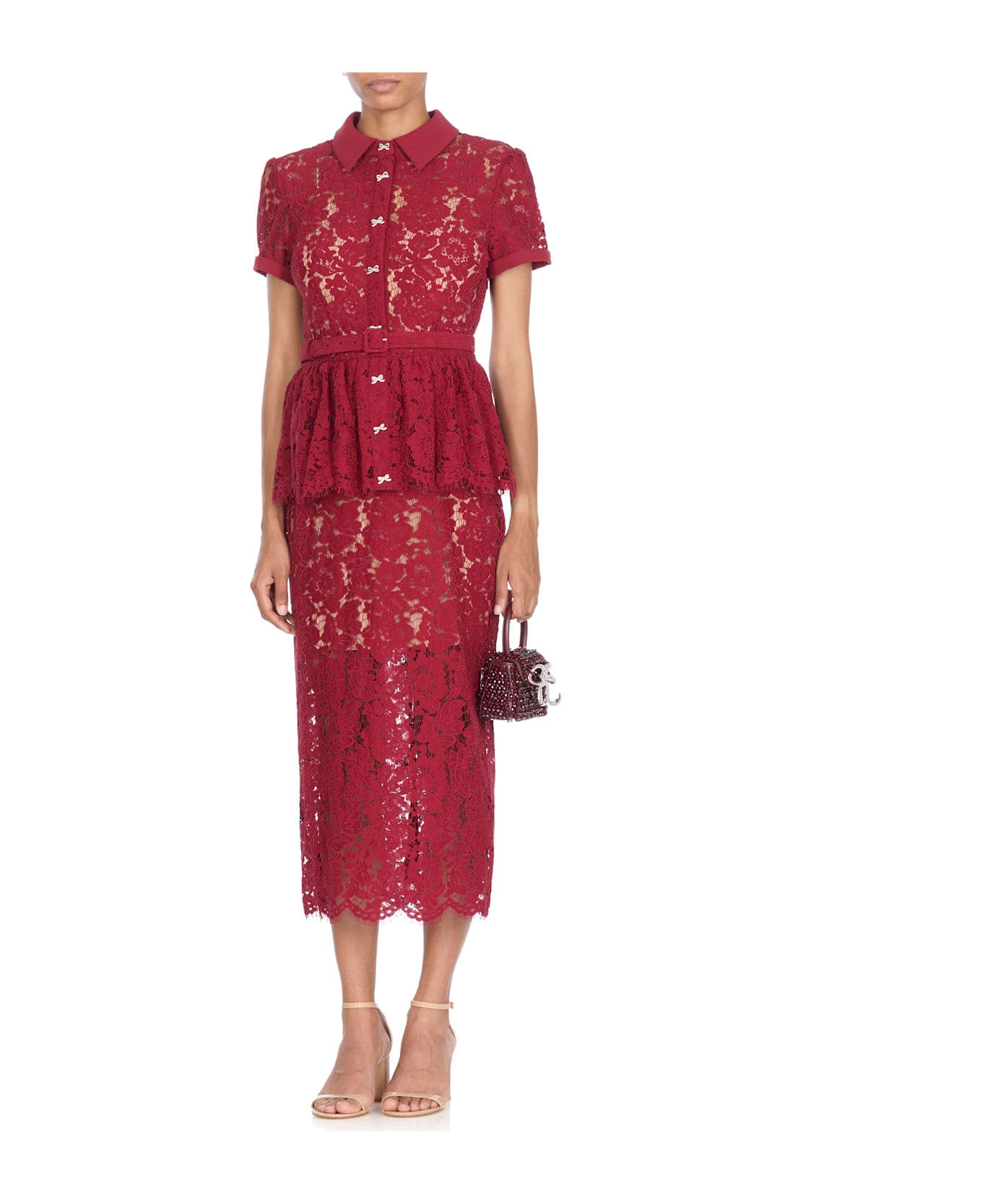 self-portrait Lace Peplum Midi Dress - Bordeaux