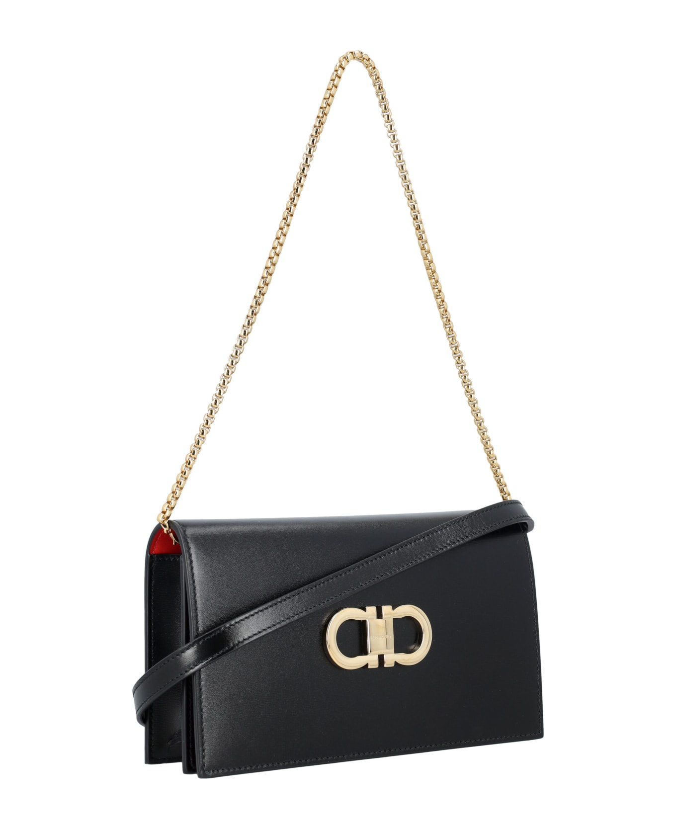 Ferragamo Gancini Flap Leather Shoulder Bag - NERO + FLAME RED