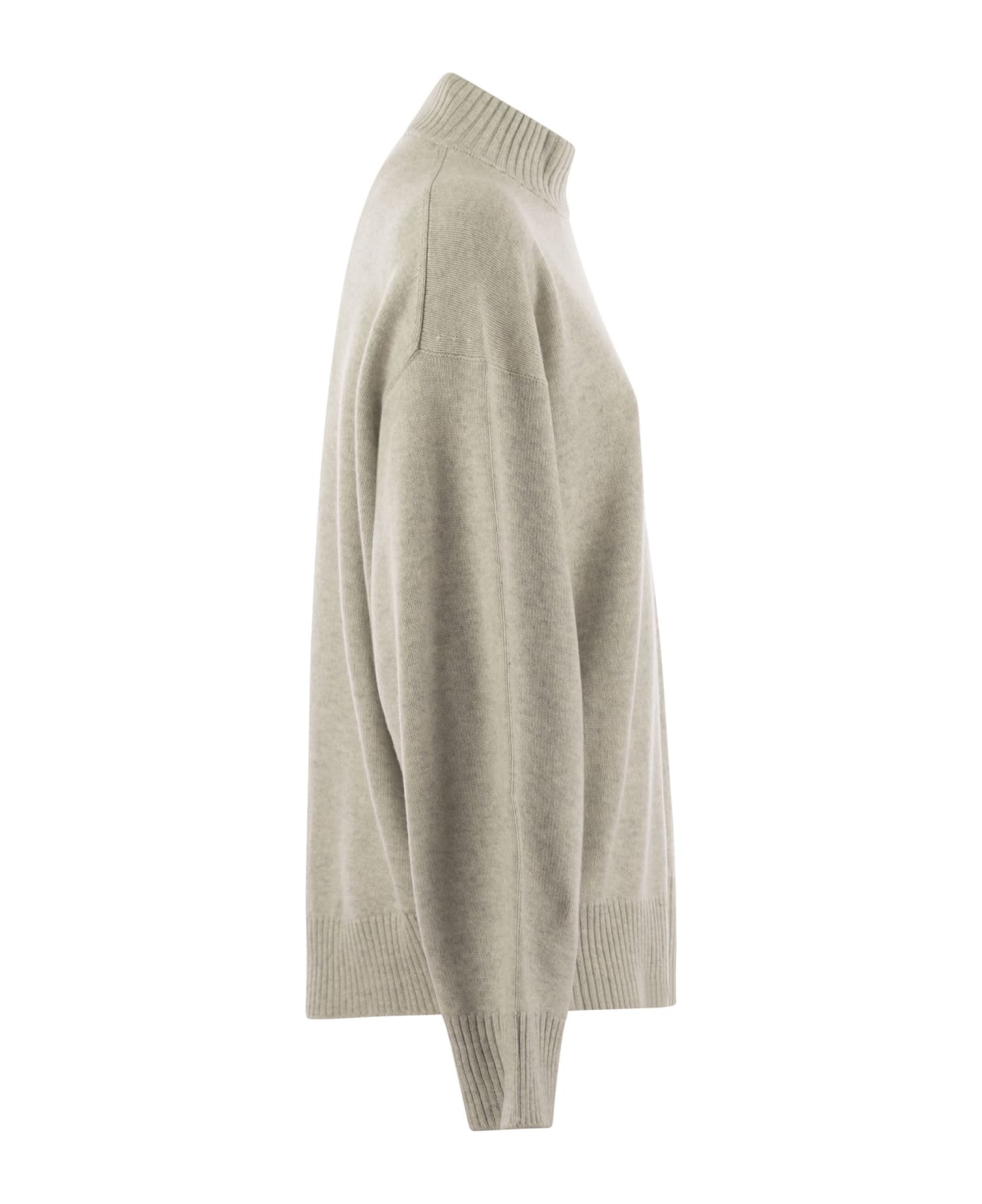 Brunello Cucinelli Cashmere Chimney Neck Sweater With Shiny Cuff Details - Light Grey