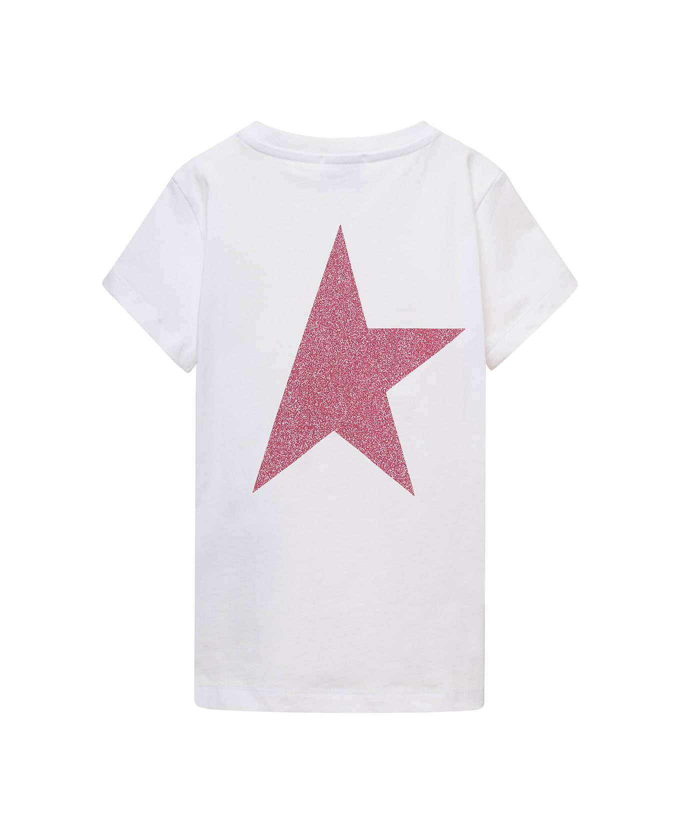 Golden Goose White Crewneck T-shirt With Contrasting Logo Lettering Print In Cotton Boy - White/pink