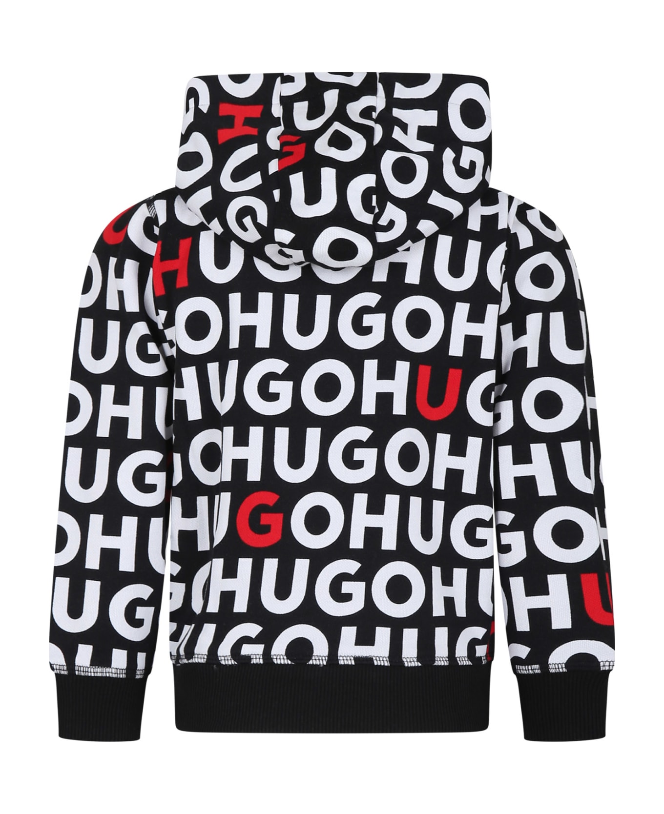 Hugo Boss Black Hooded Sweatshirt For Boy With All-over Logo - Black ニットウェア＆スウェットシャツ