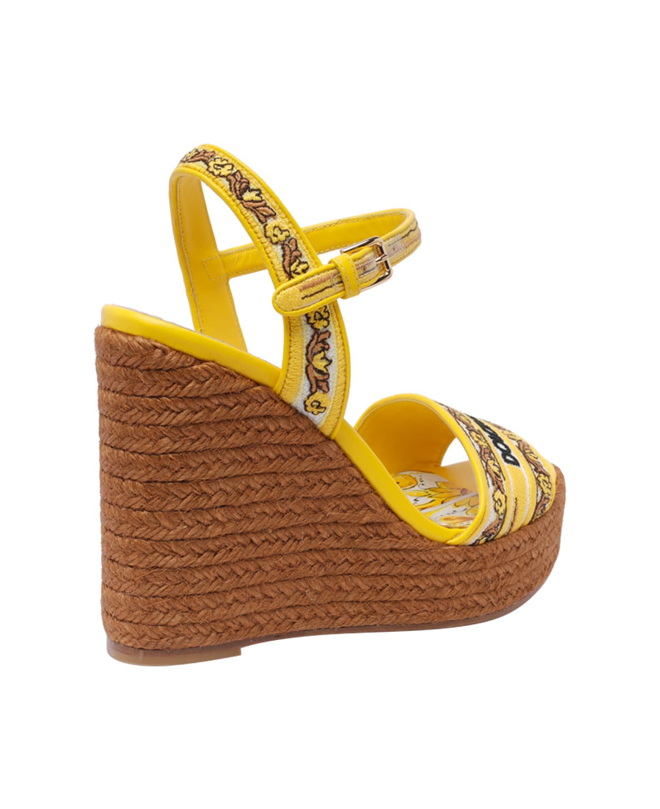 Dolce 
Gabbana Maiolica Print Logo Charmeuse Wedged Sandals - Yellow