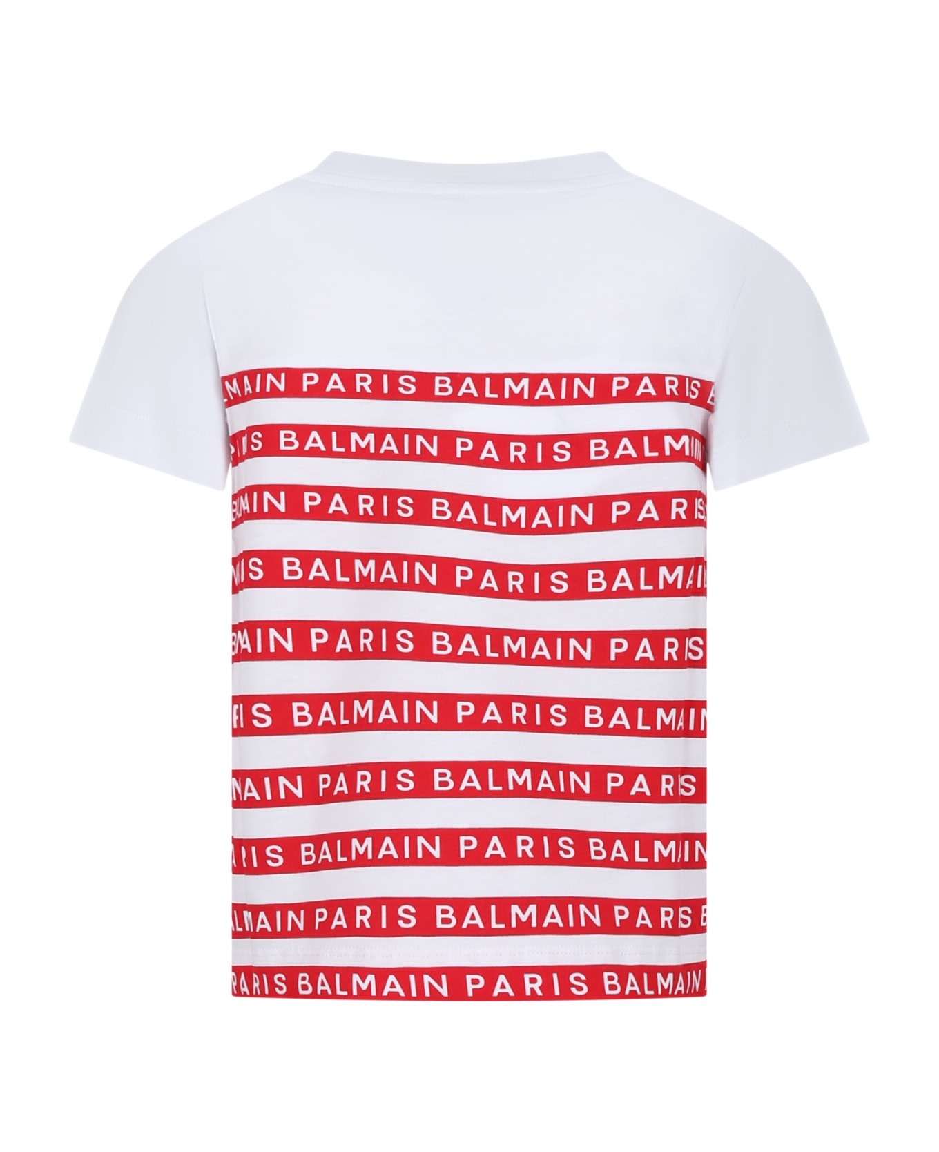 Balmain White T-shirt For Girl With Red Stripes And Logo - White Tシャツ＆ポロシャツ