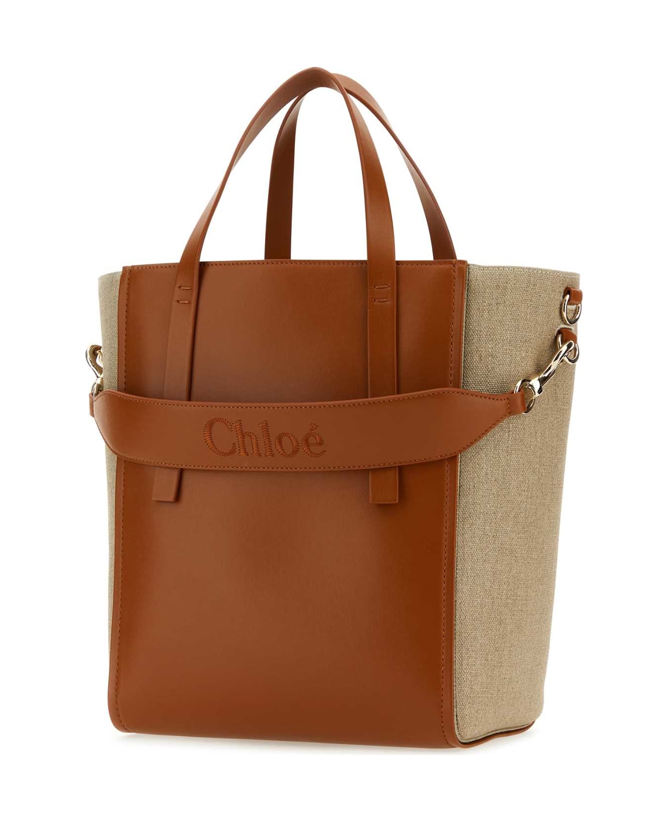 Chloé Two-tone Linen And Leather Medium Sense Shopping Bag - CARAMEL
