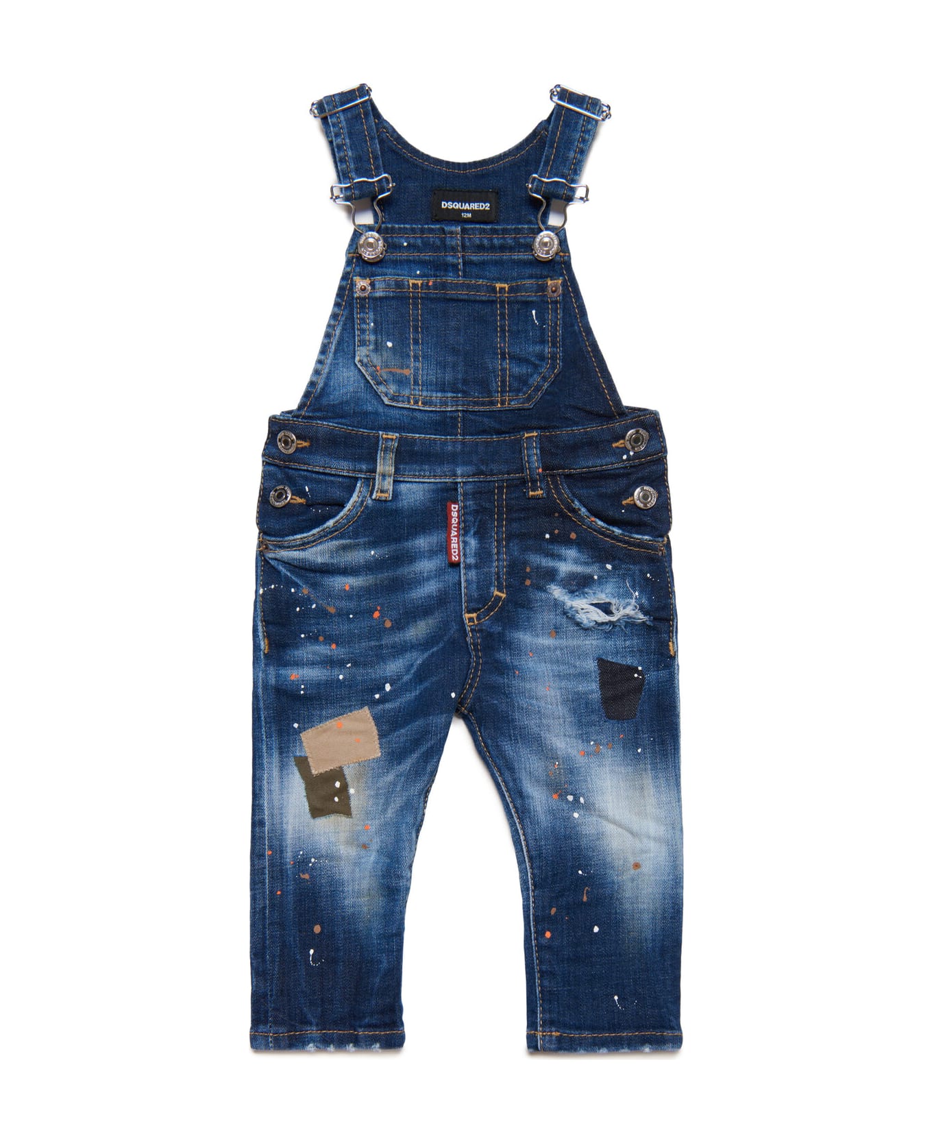 Dsquared2 D2j217b Overalls Dsquared Shaded Dark Blue Denim Dungarees With Patches And Spots - Blue Denim