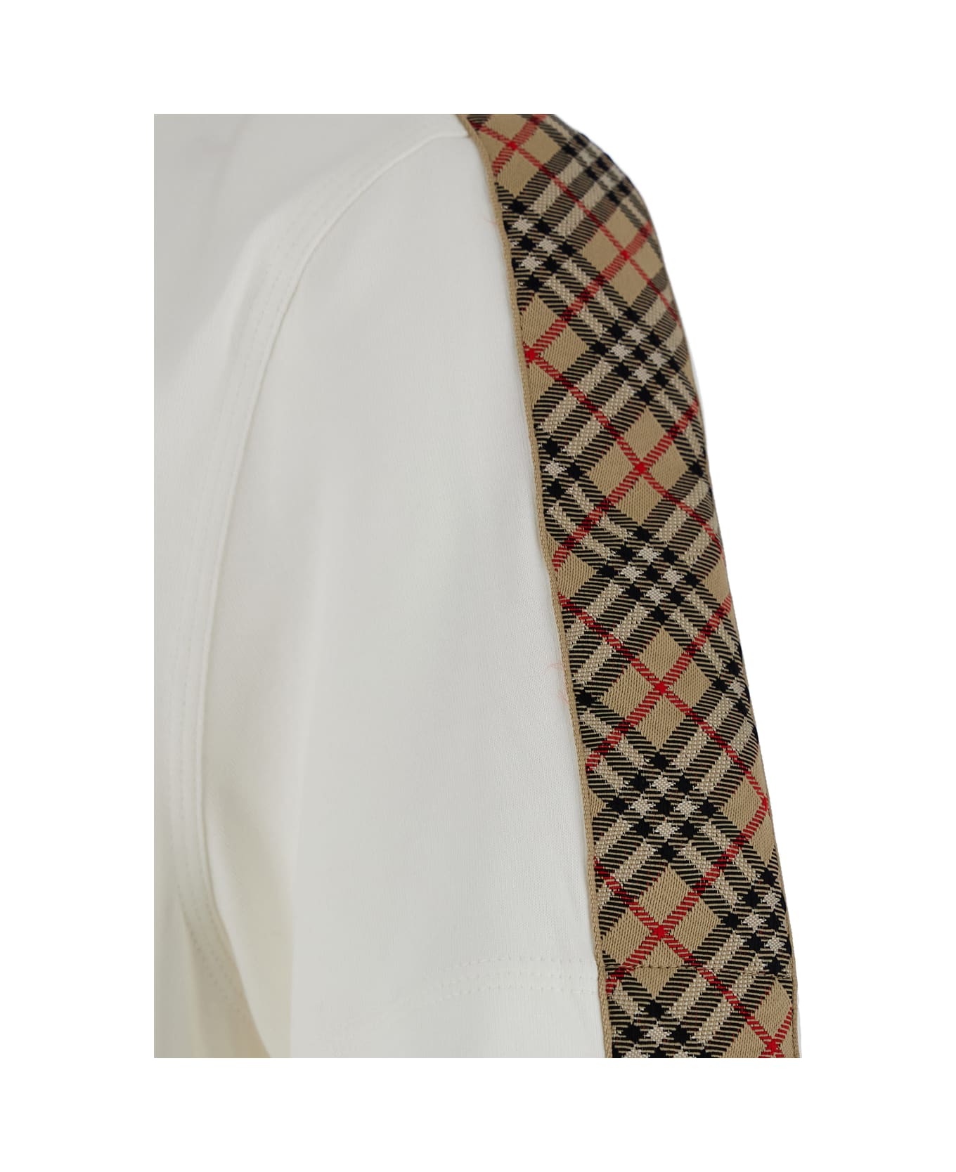 Burberry White Crewneck T-shirt With Check Motif On The Sleeve And Ekd Logo Embroidery On The Front In Cotton Man - White