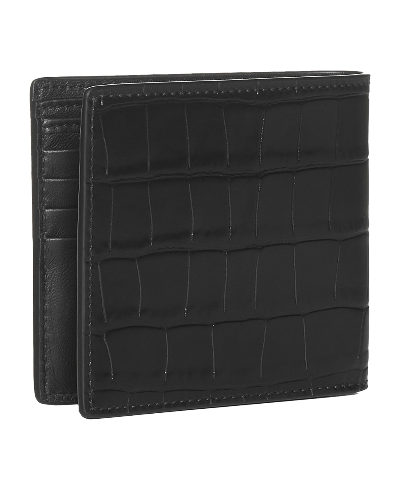 Alexander McQueen Bi-fold Wallet With Mini Skull Patch In Croco Embossed Leather - Nero