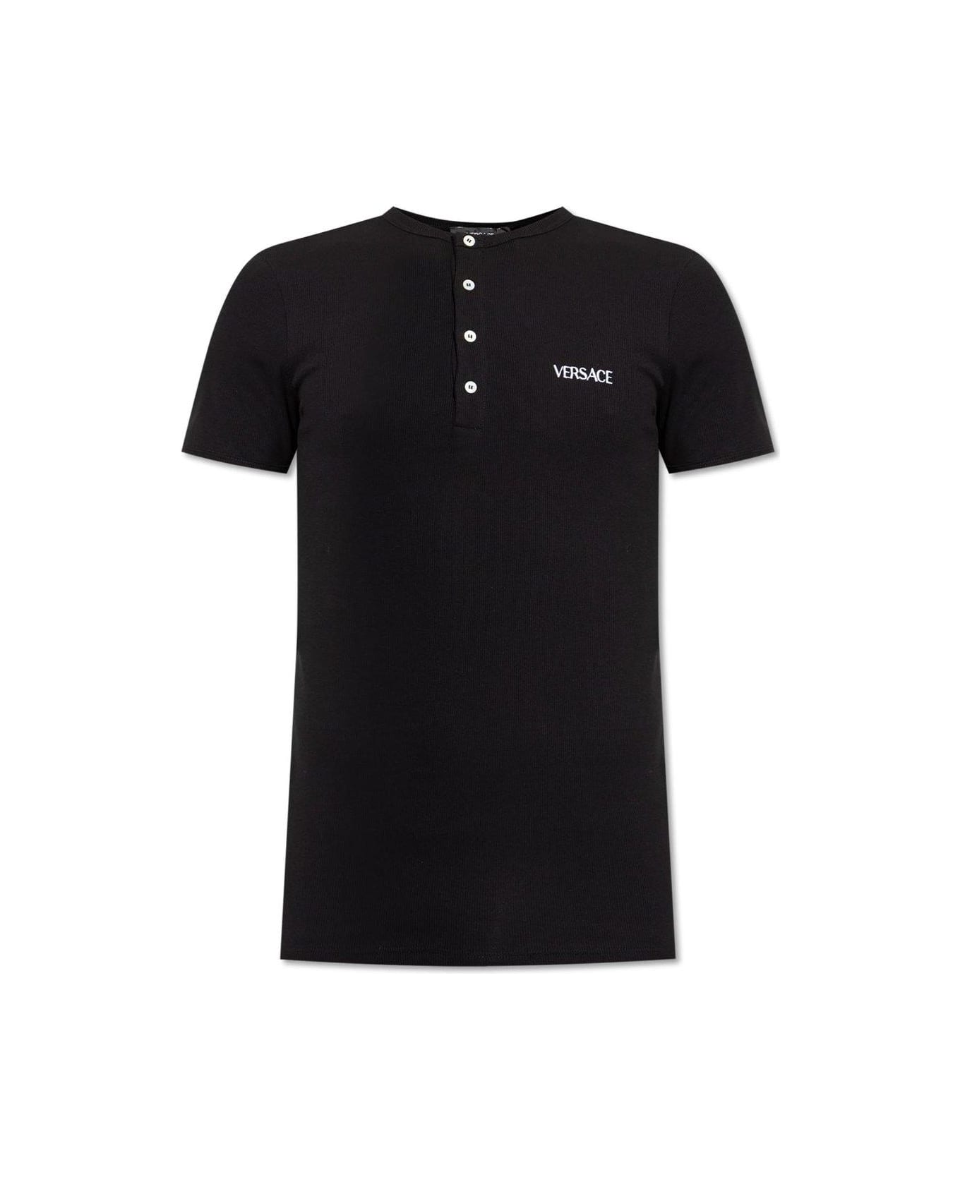 Versace Logo Embroidered T-shirt - Black