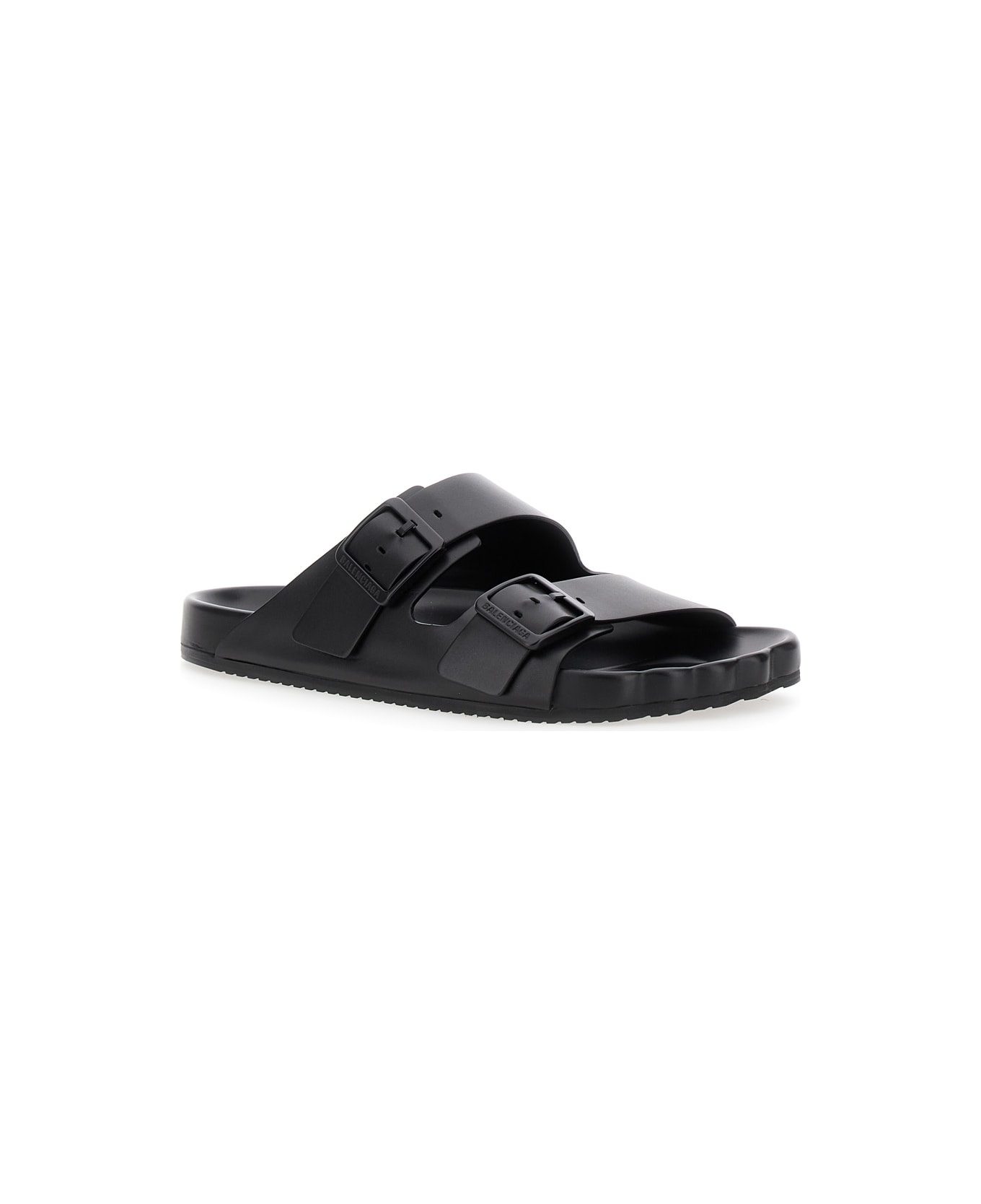 Balenciaga 'sunday' Black Sandals With Engraved Logo In Leather Woman - Black
