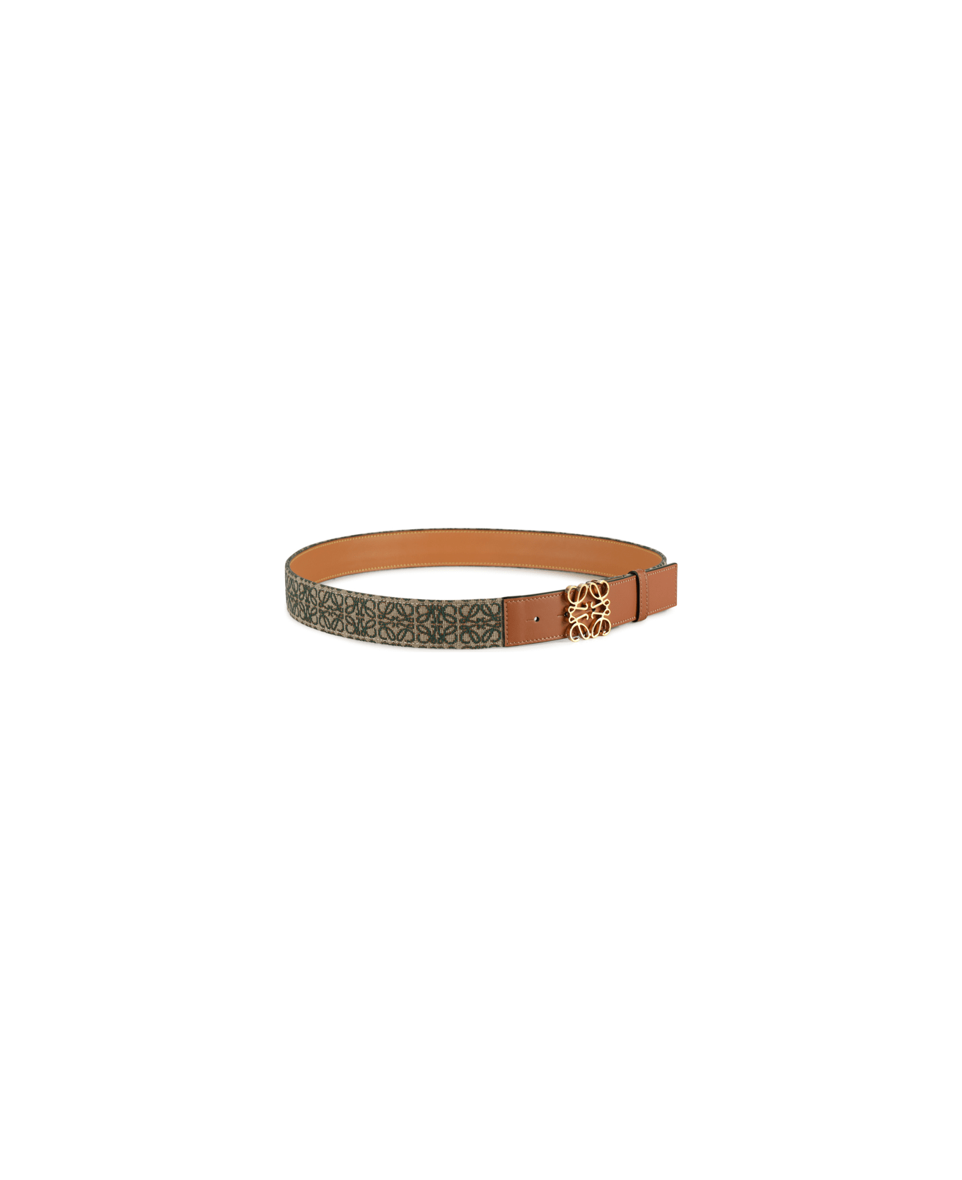 Loewe Anagram Belt In Leather And Jacquard - Khaki green/tan/gold