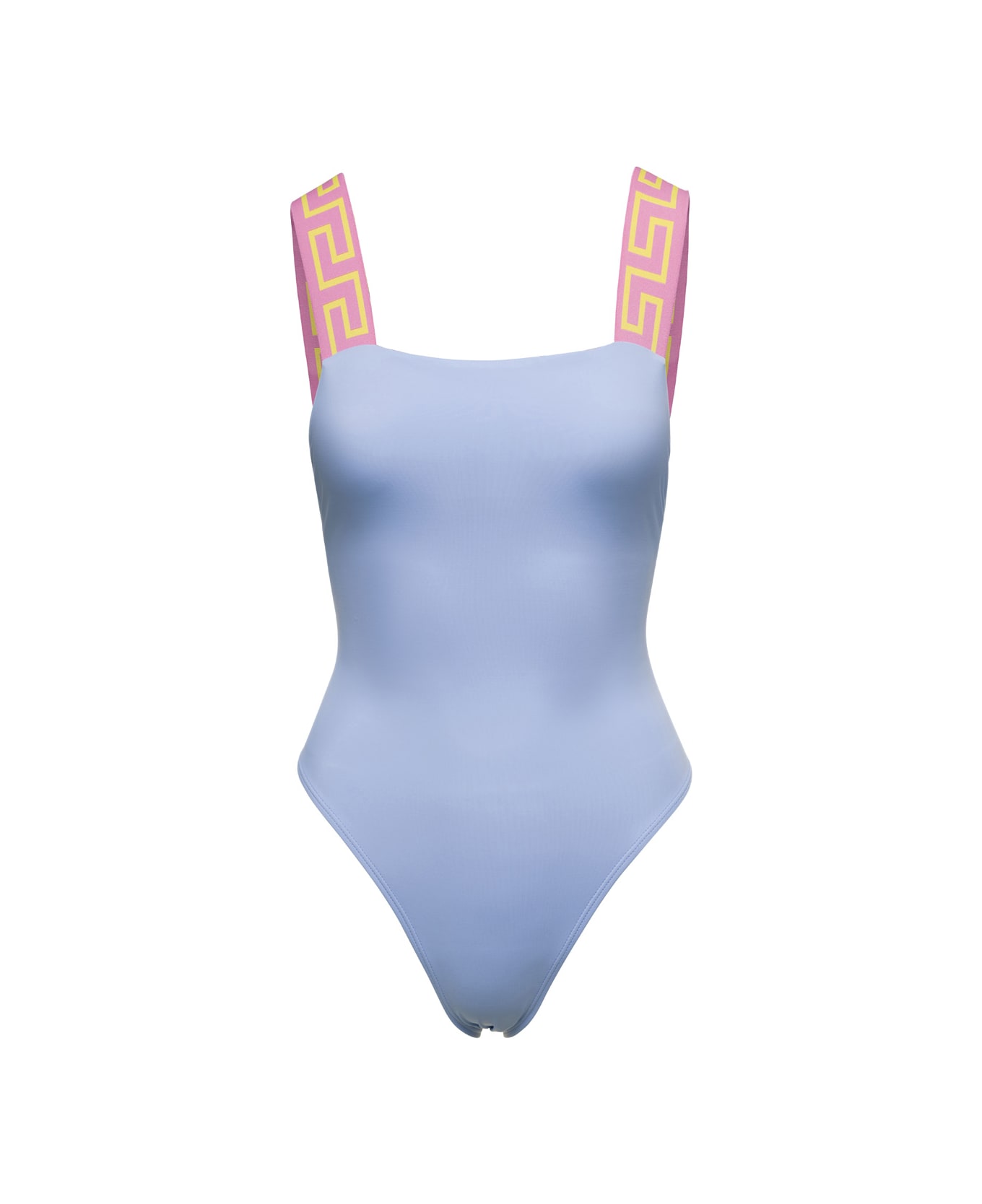 Versace Light Blue One-piece Swimsuit With Greca Motif On The Straps In Polyamide Woman - Blu