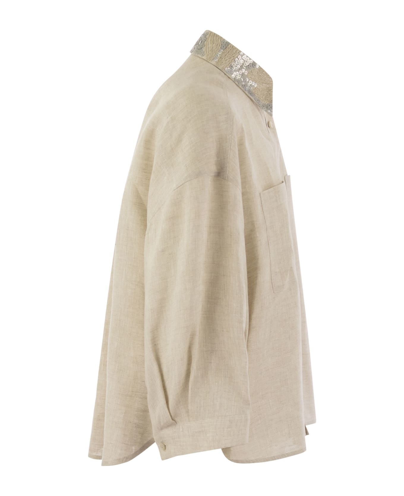 Brunello Cucinelli Linen Linen Shirt With Dazzling Magnolia Collar - NEUTRALS