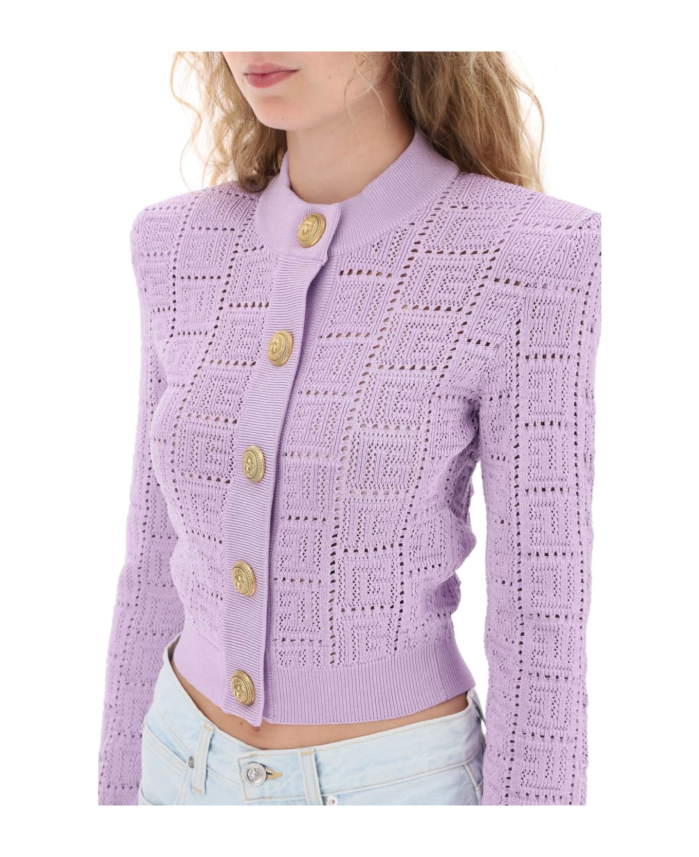 Balmain Crew-neck Cardigan With Embossed Buttons - PARME (Purple)