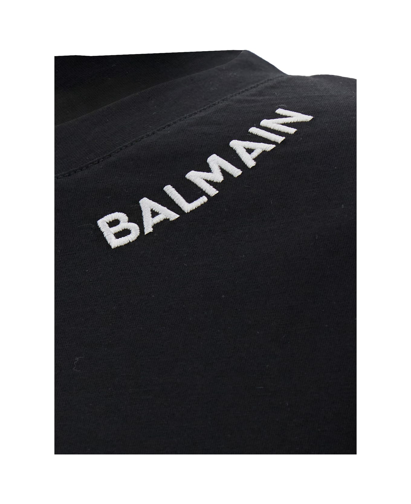 Balmain Black Crewneck T-shirt With Contrasting Logo Embroidery In Cotton Man - Black