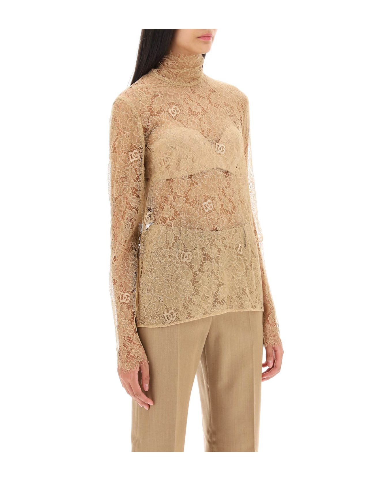 Dolce & Gabbana Blouse In Logoed Floral Lace - Beige