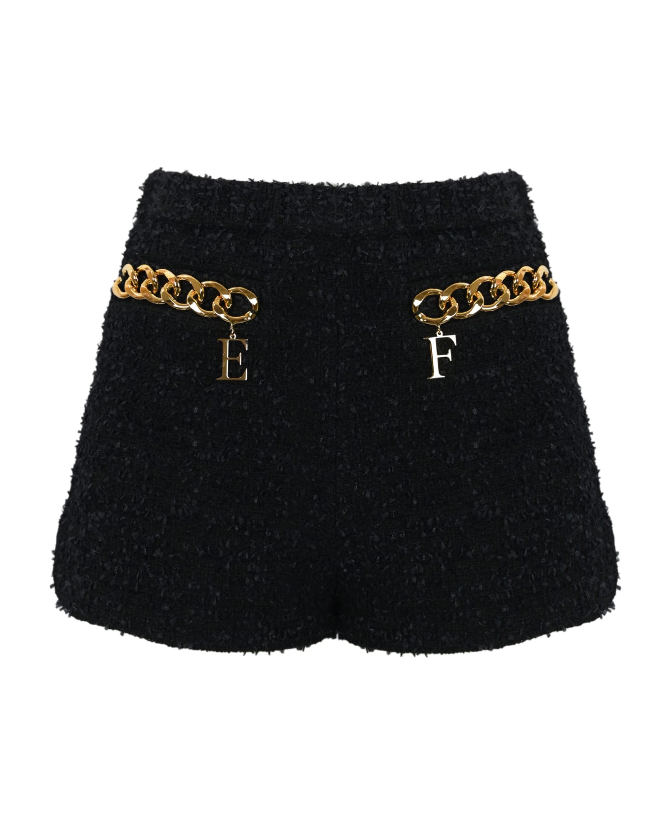 Elisabetta Franchi Tweed Shorts With Logo Chain - Nero
