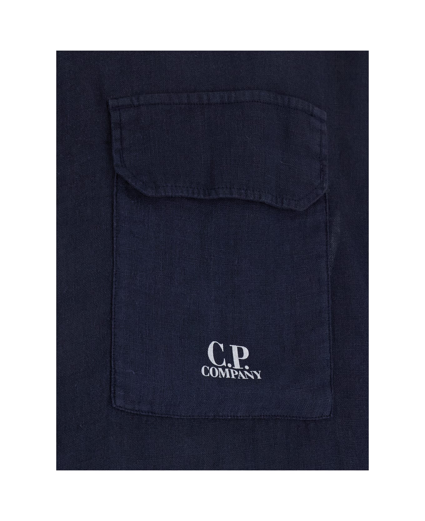 C.P. Company Blue Shirt With Lettering Logo Printed On The Front In Linen Man - Blu