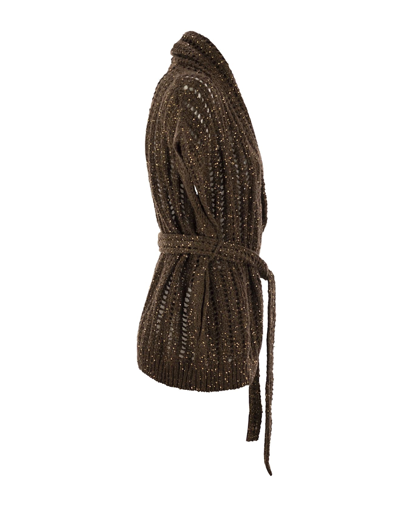 Brunello Cucinelli Dazzling Silk And Linen Perforated Rib Cardigan - Brown
