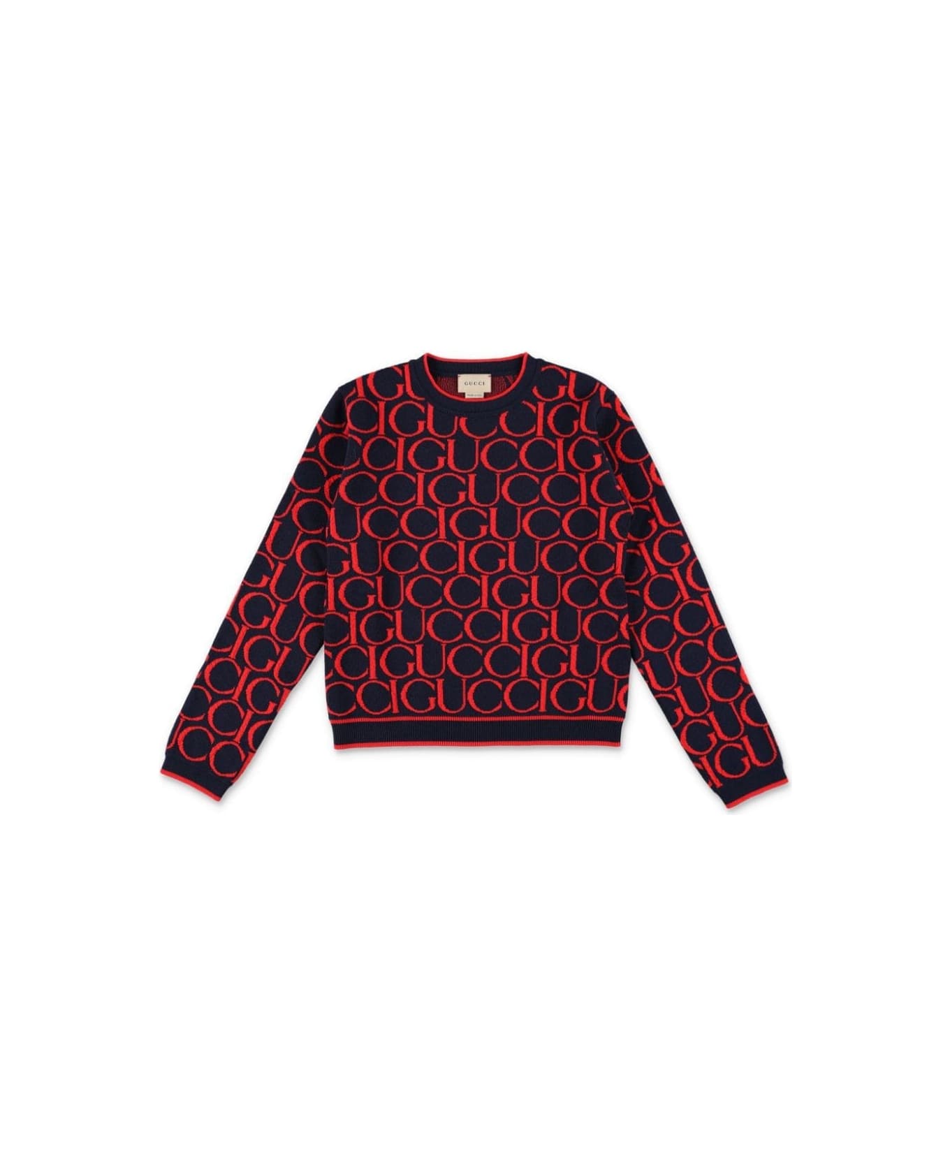 Gucci Jacquard Wool Sweater In Dark Blue And Red - Blue