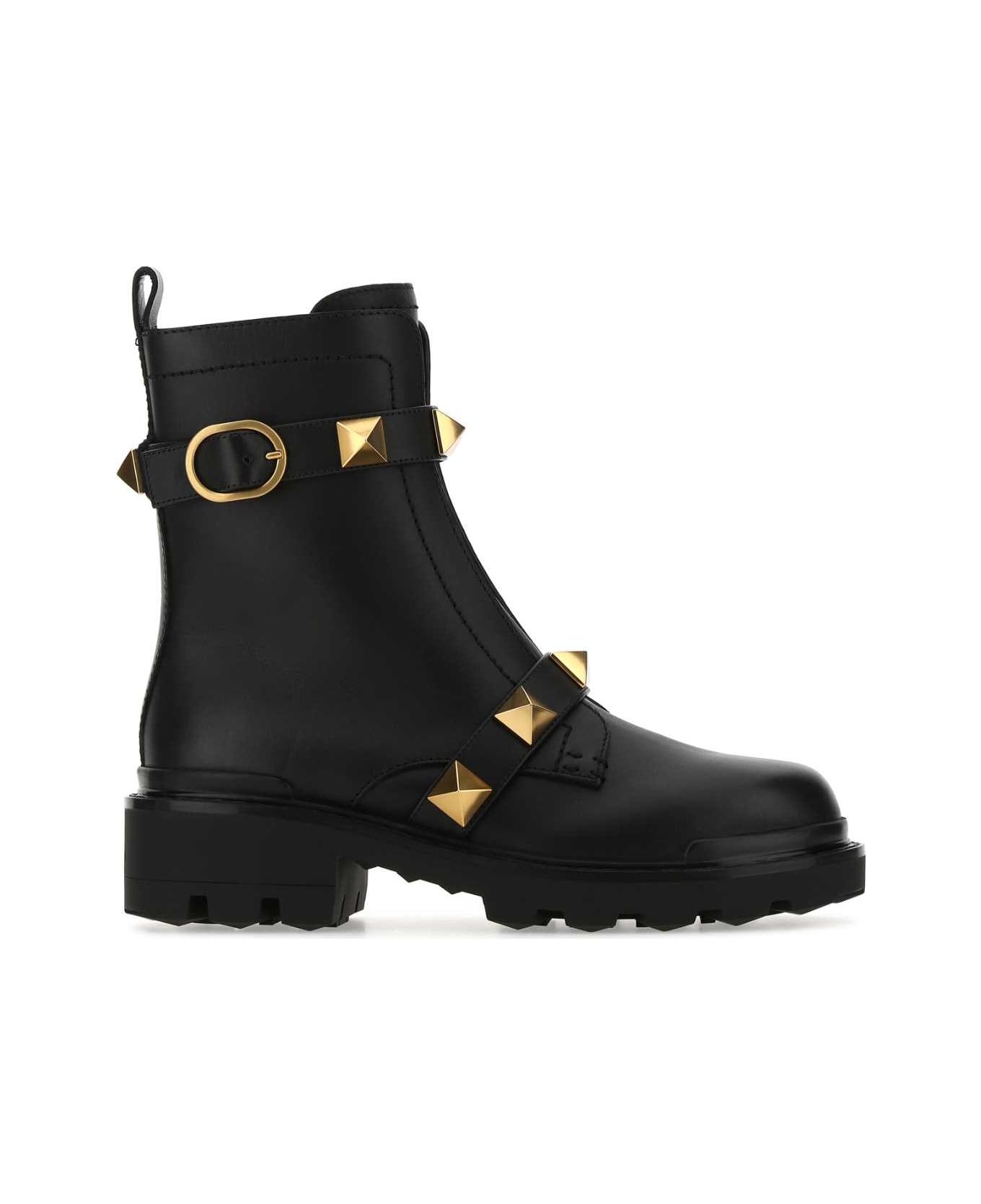 Valentino Garavani Black Leather Roman Stud Ankle Boots - 0NO