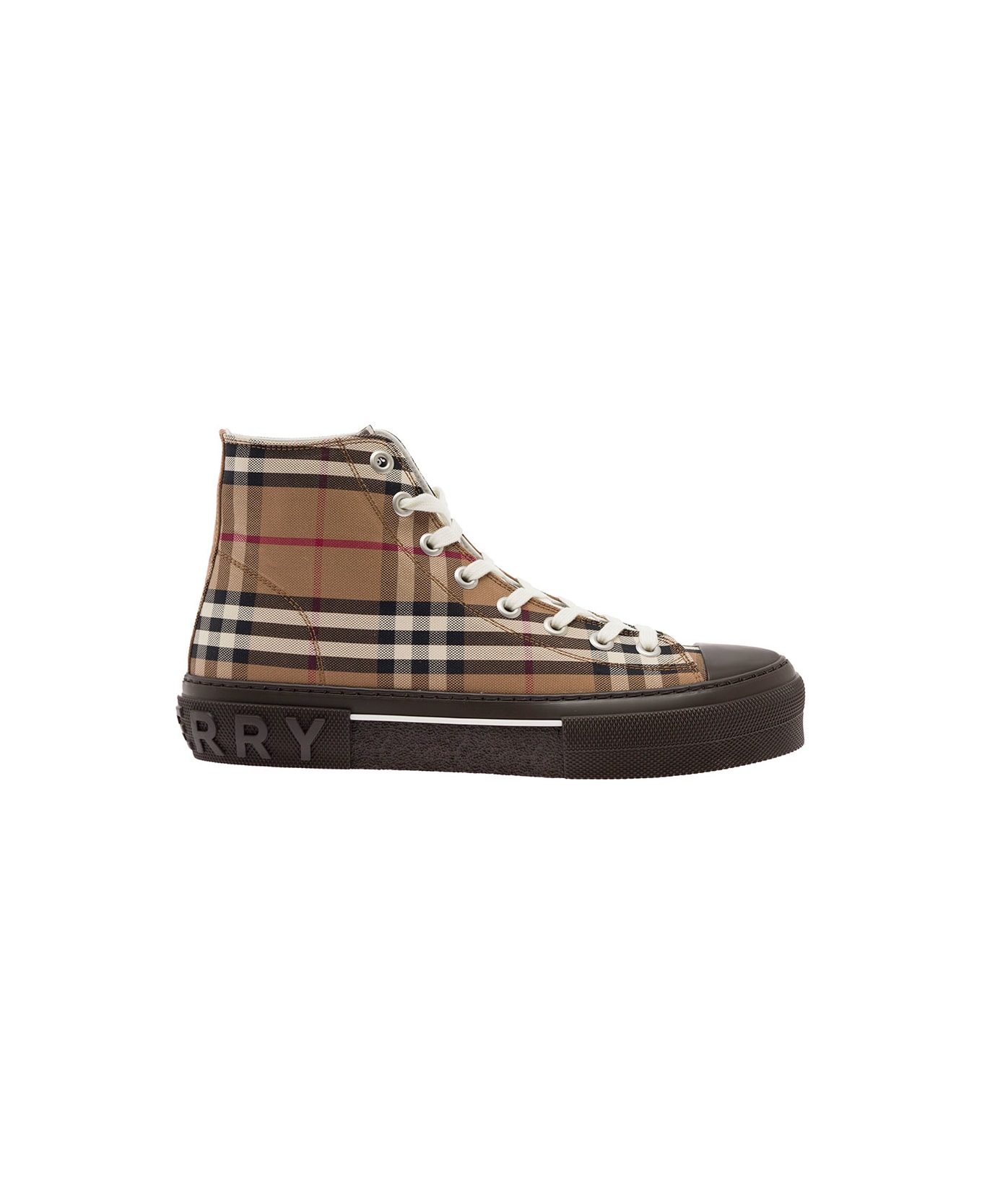 Burberry Brown High-top Sneakers With Vintage Check Motif All Over In Cotton - Beige