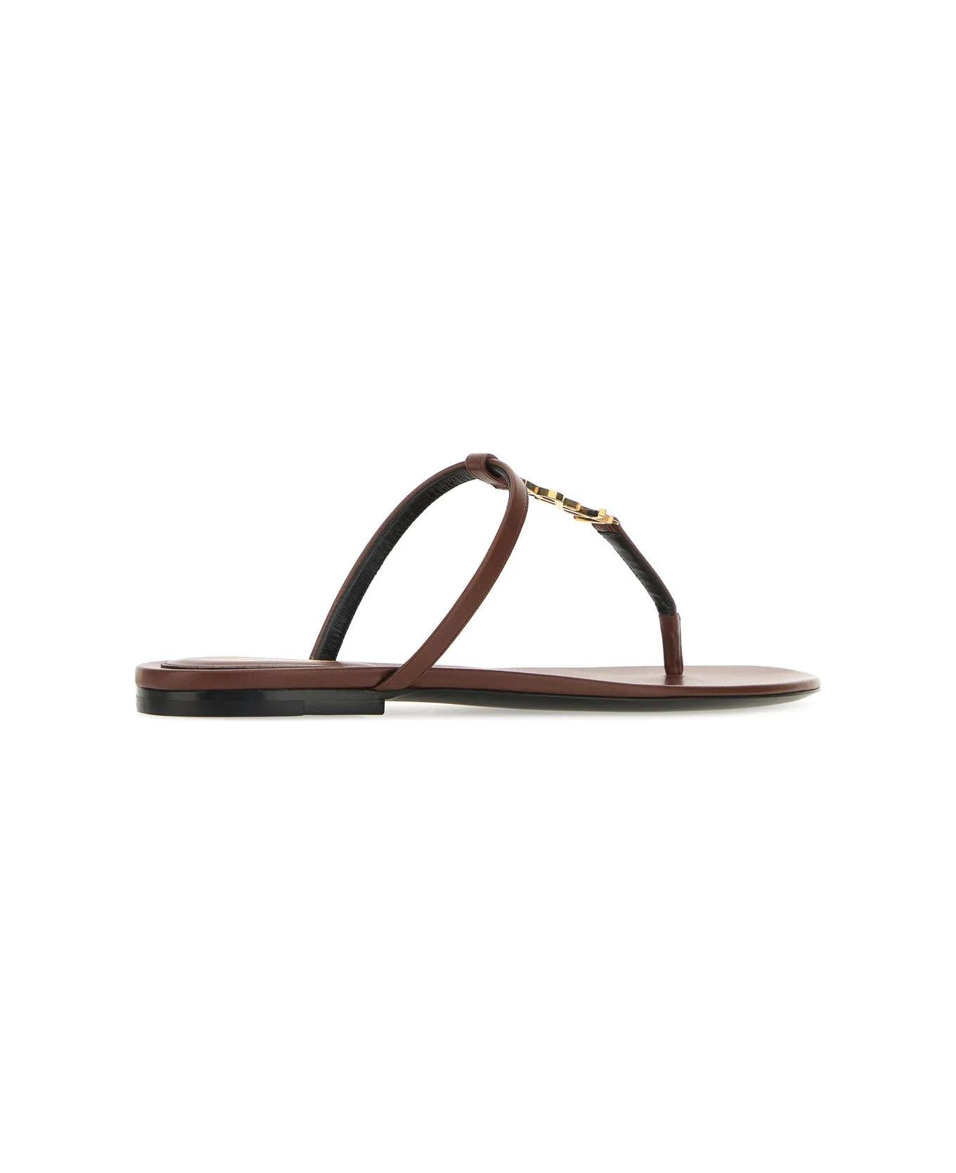 Saint Laurent Brown Leather Cassandre Thong Slippers - BROWN