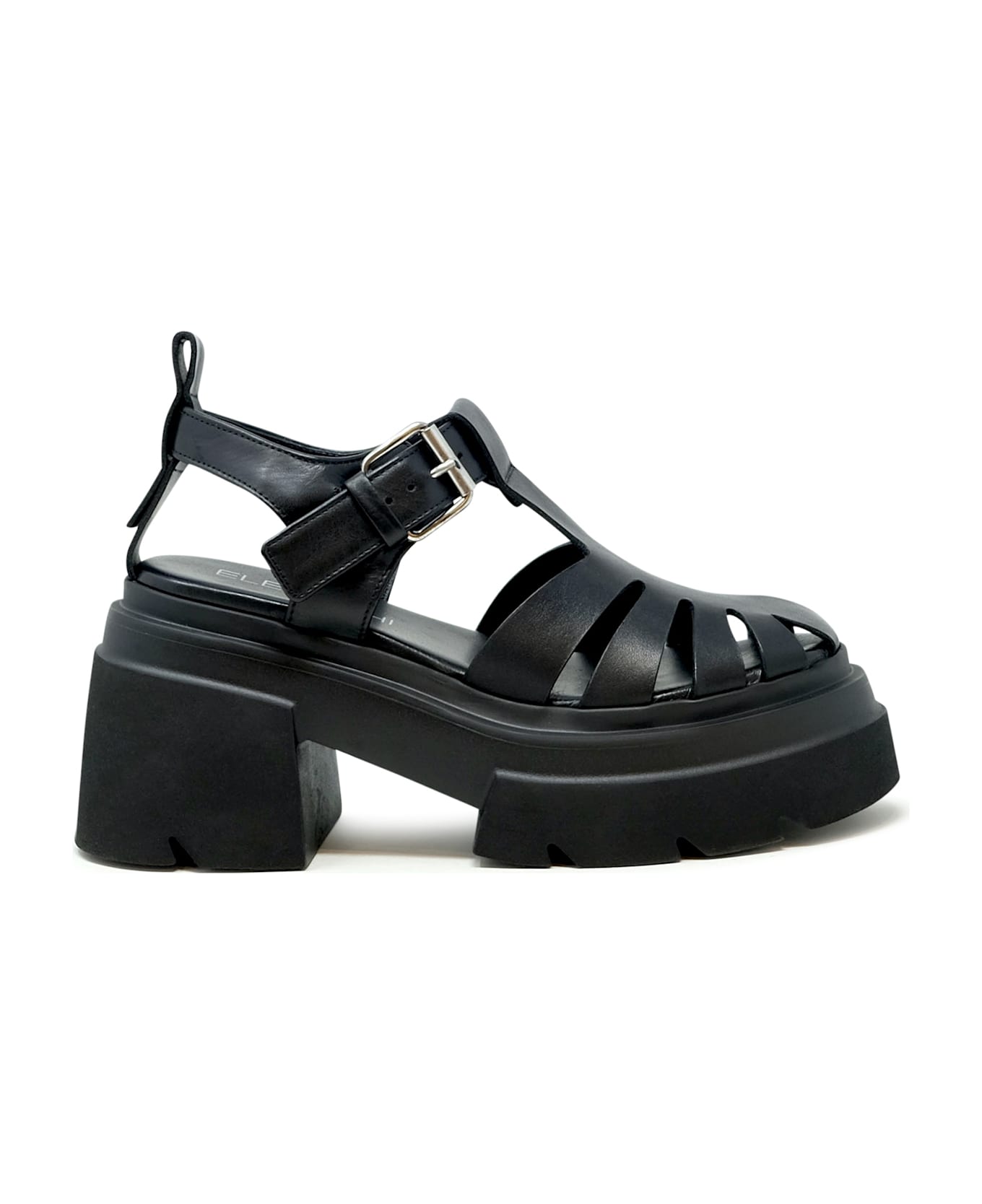 Elena Iachi Black Leather Flat Sandals - BLACK