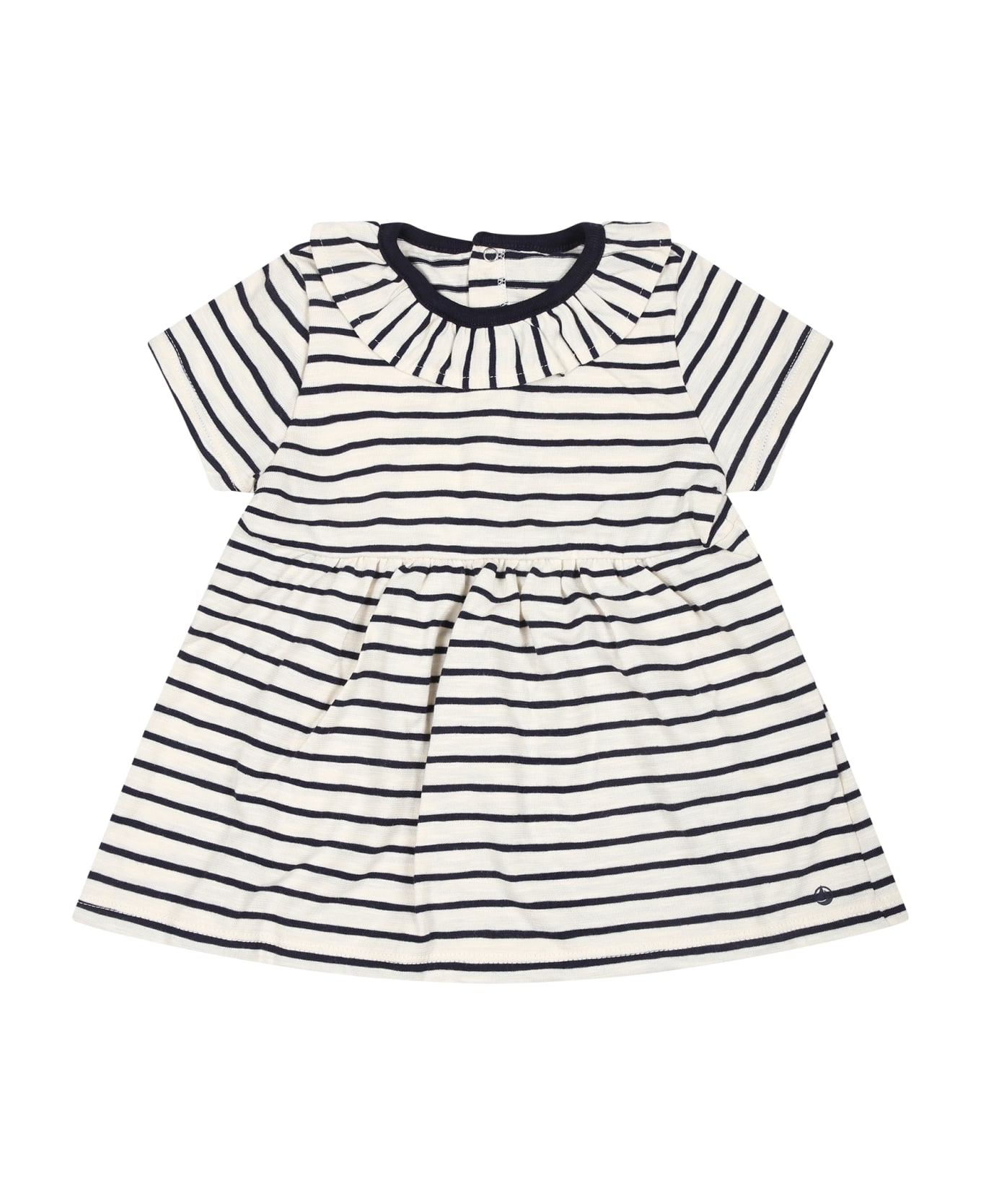 Petit Bateau Ivory Dress For Baby Girl With Blue Stripes - White
