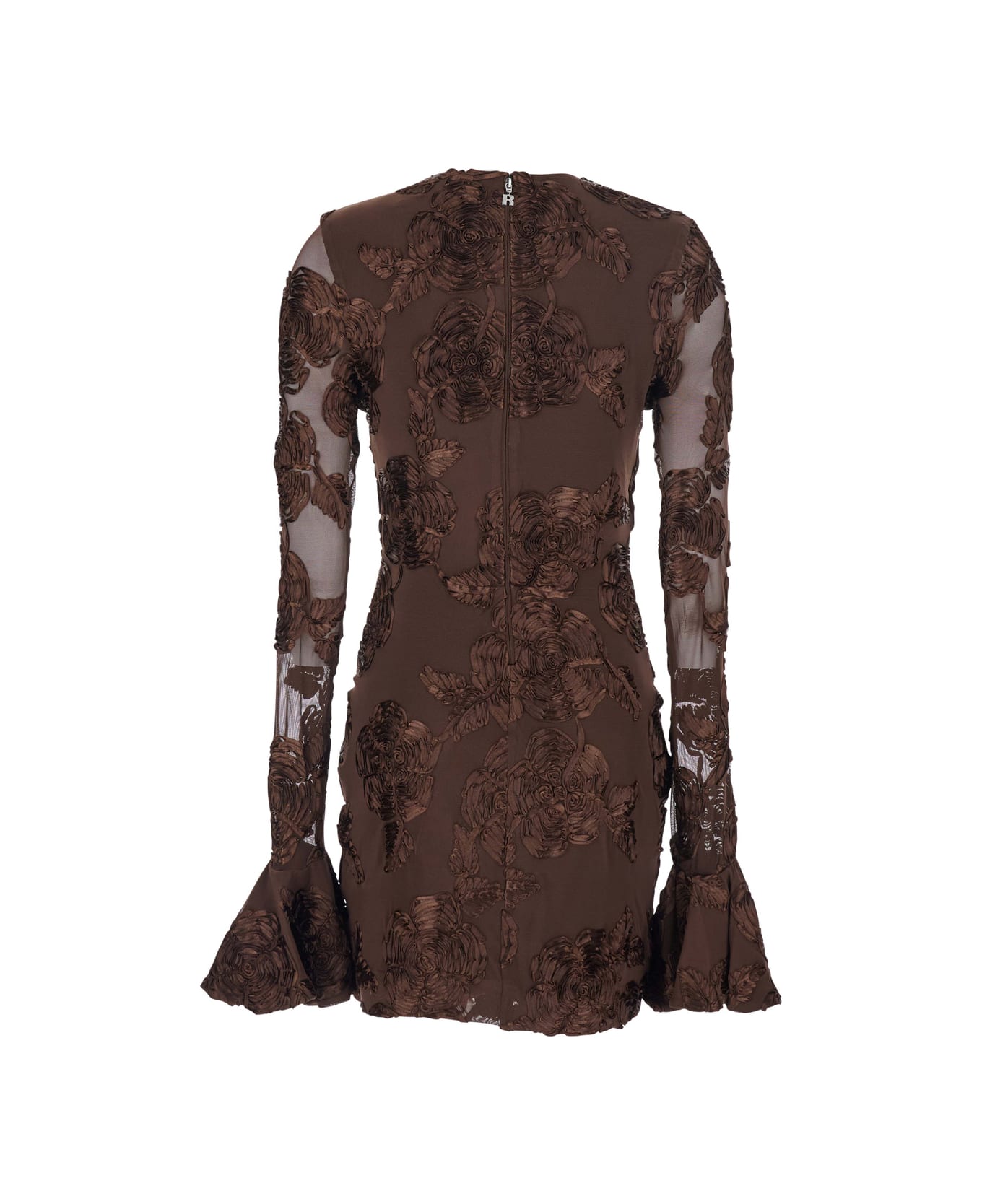 Rotate by Birger Christensen Brown Crewneck Mini Dress With Flared Long Sleeves In Tech Fabric Stretch Woman - Brown