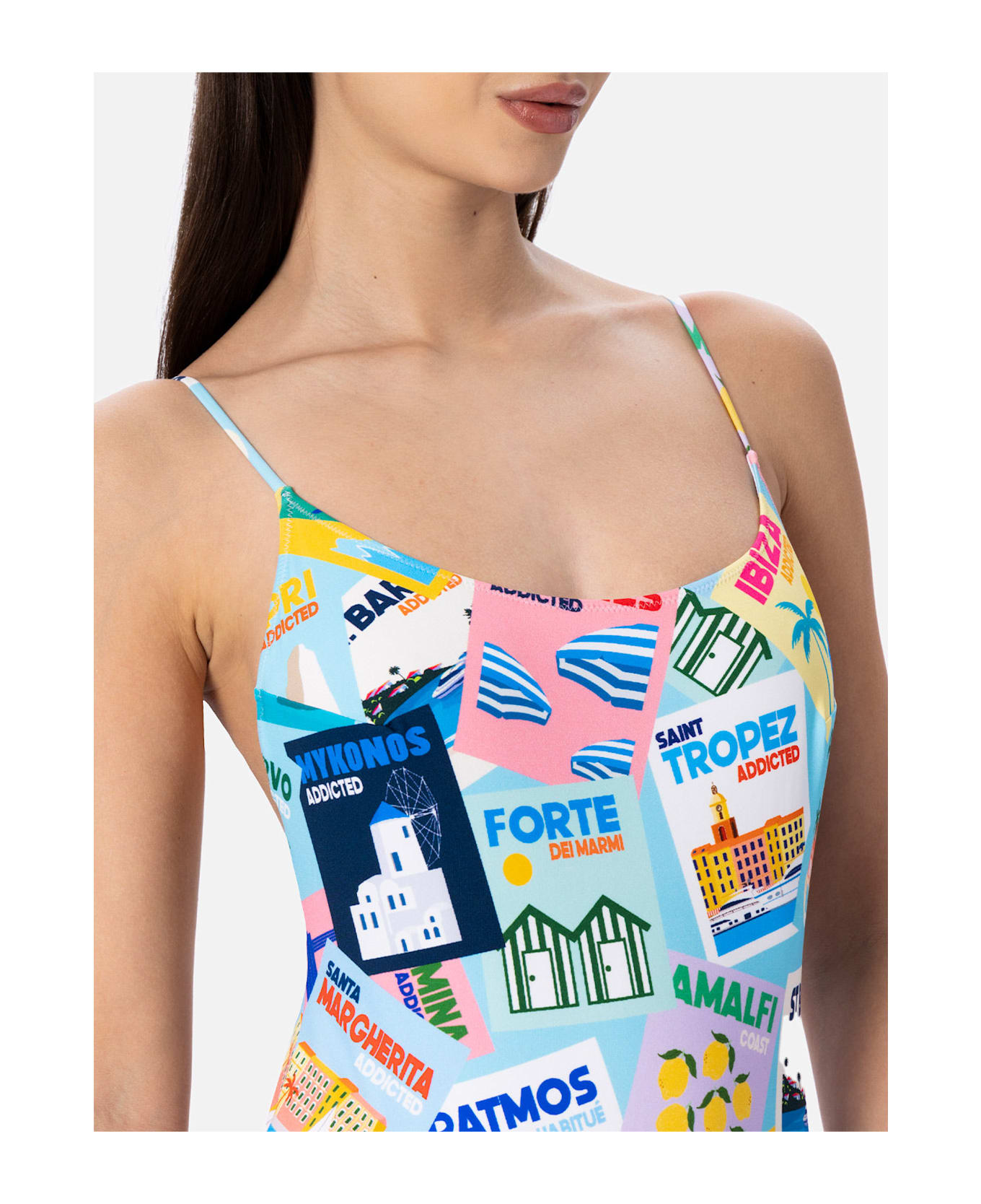 MC2 Saint Barth Woman One-piece Swimsuit Cecille With Postcards Print - BLUE