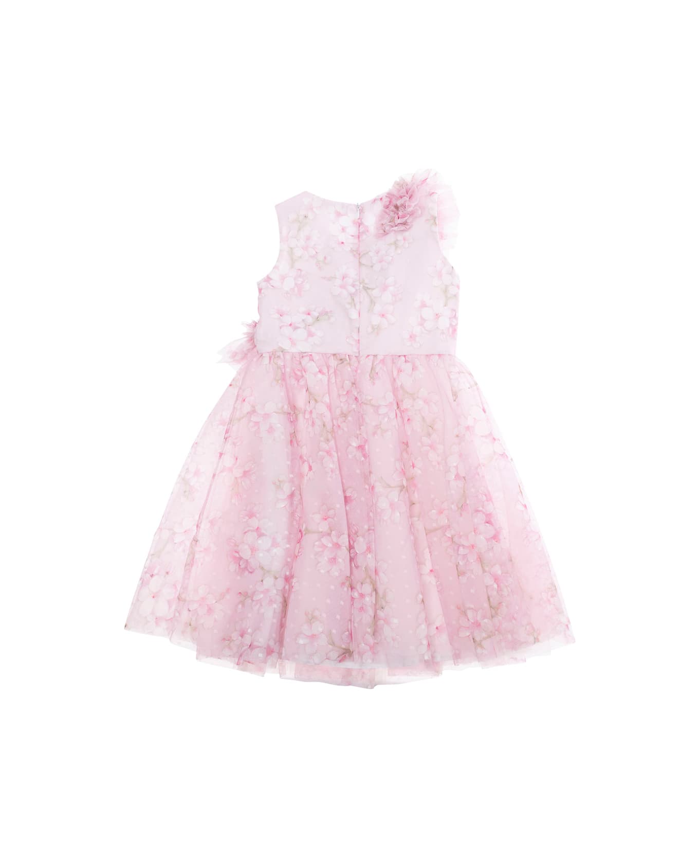 Monnalisa 'compleanno' Pink Dress With Maxi Ruches And All-over Floral Embellishments In Tech Fabric Girl - Pink