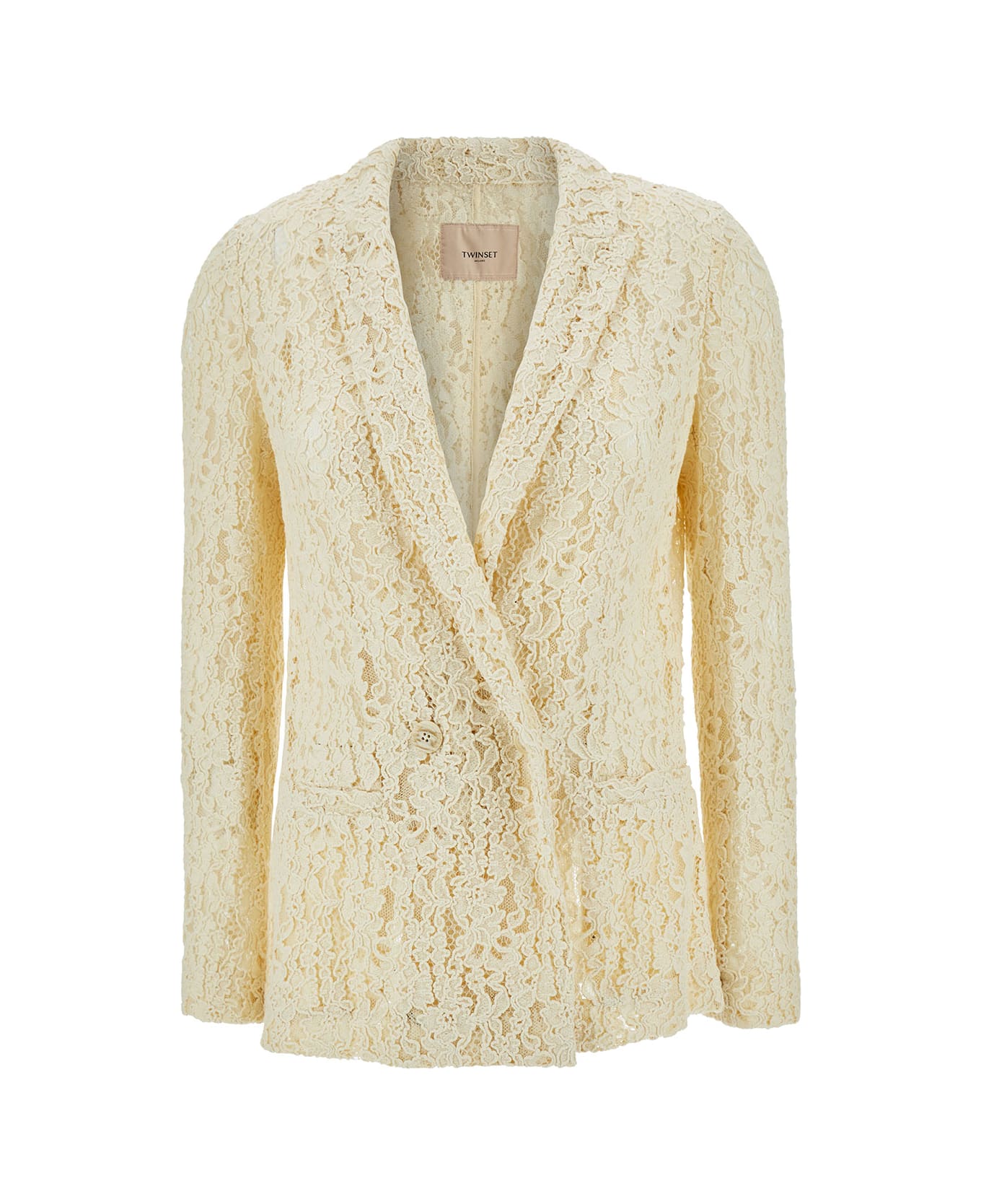 TwinSet Cream White Double-breasted Jacket With Logo Patch In Lace Woman - Ivory