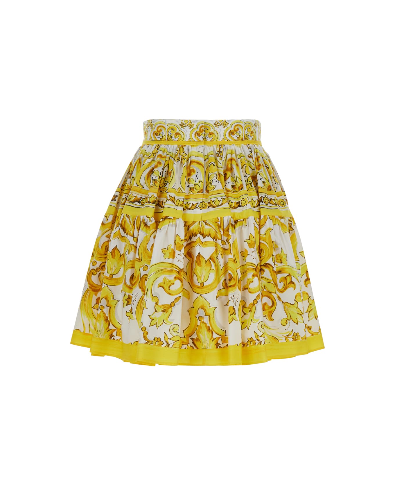 Dolce & Gabbana Yellow Round Miniskirt With Majolica Print In Cotton Woman - Yellow