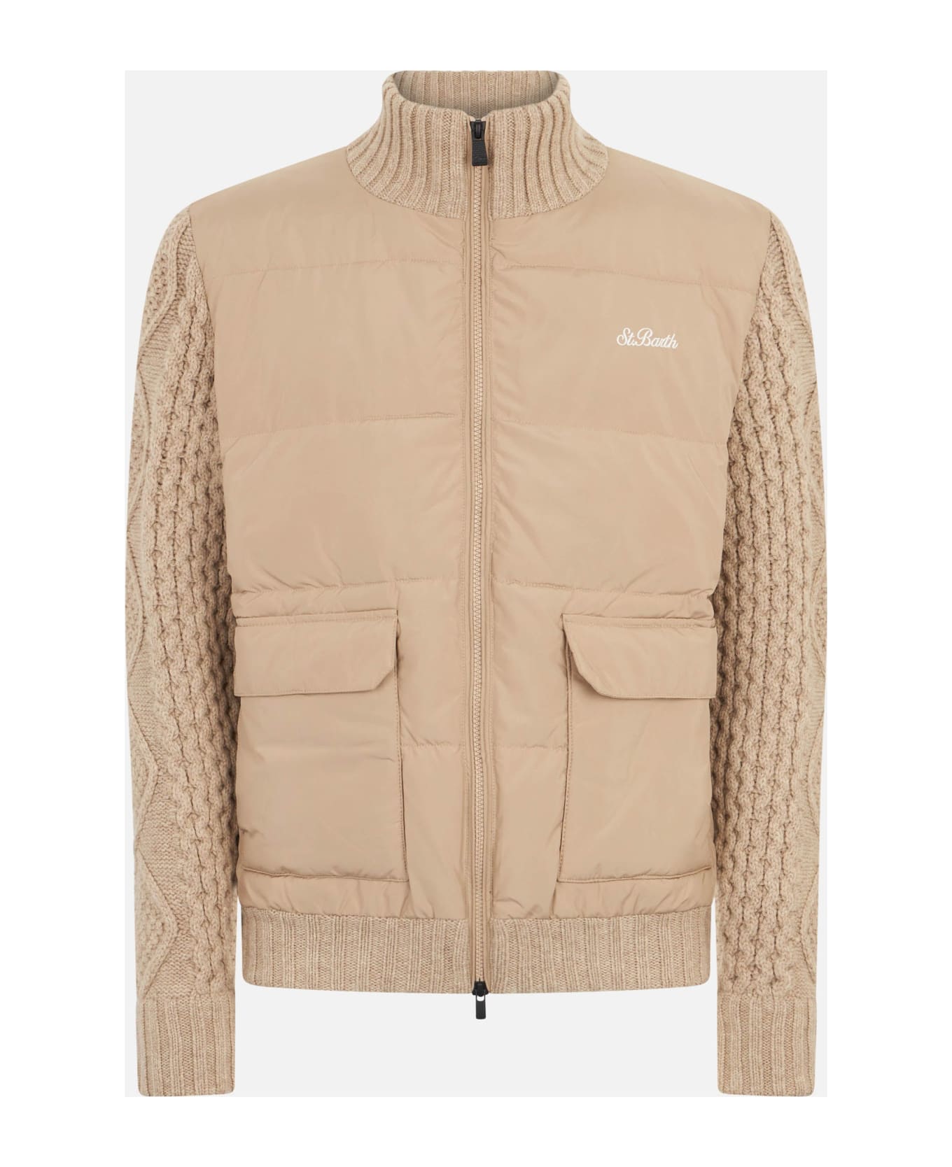 MC2 Saint Barth Man Beige Padded Jacket With Knitted Braided Sleeves - WHITE