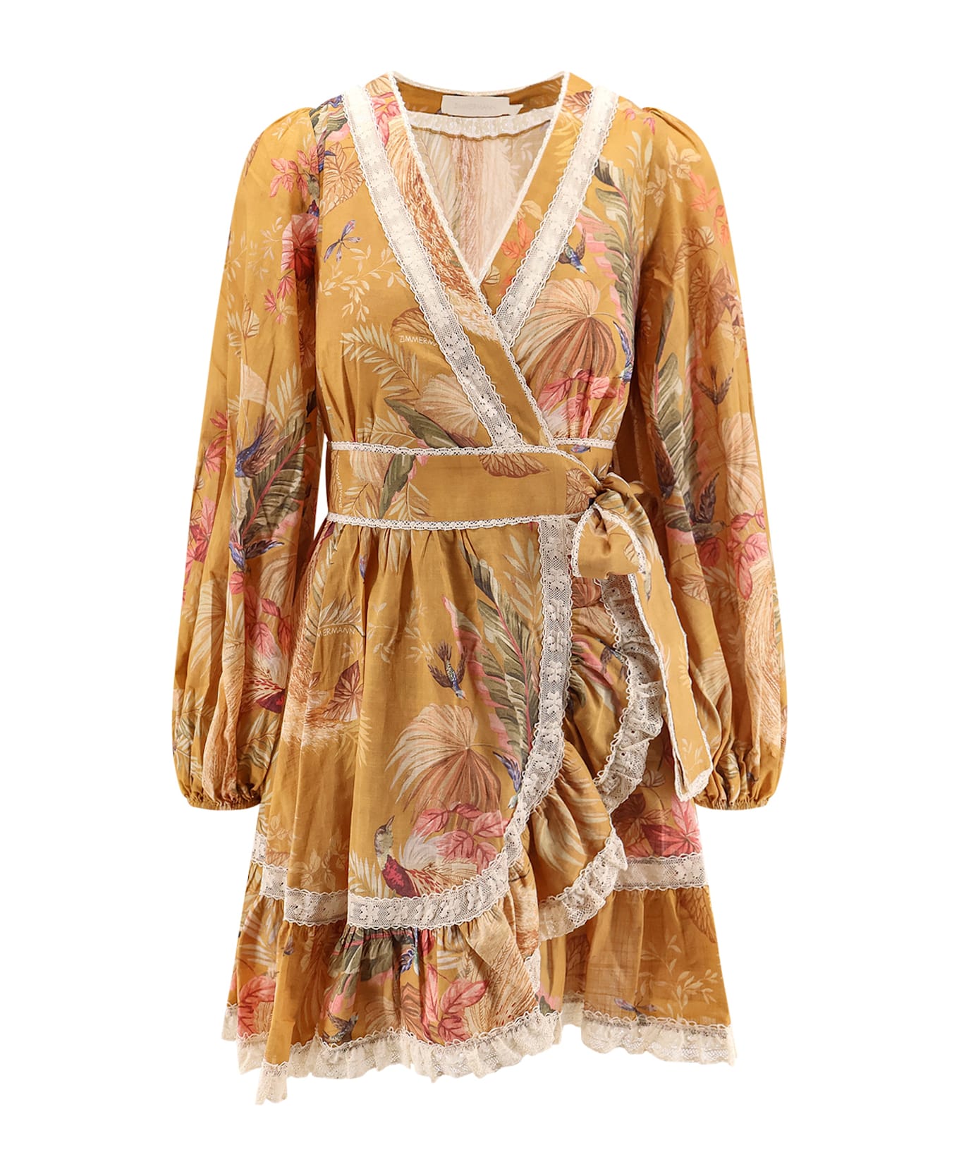 Zimmermann Frill Cotton Short Dress With Floral Print - Mustard Palm Floral