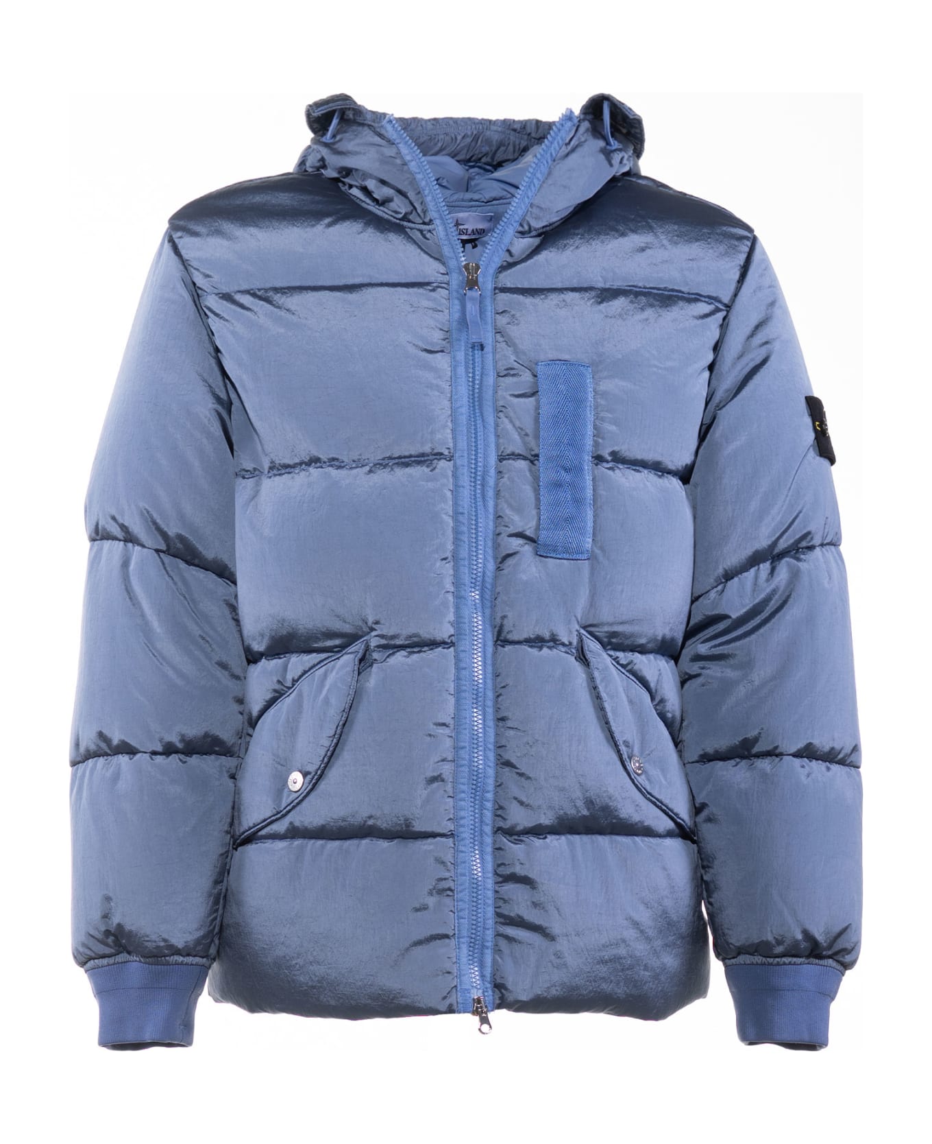 Stone Island Down Jacket With Logo On The Sleeve - DARK BLUE