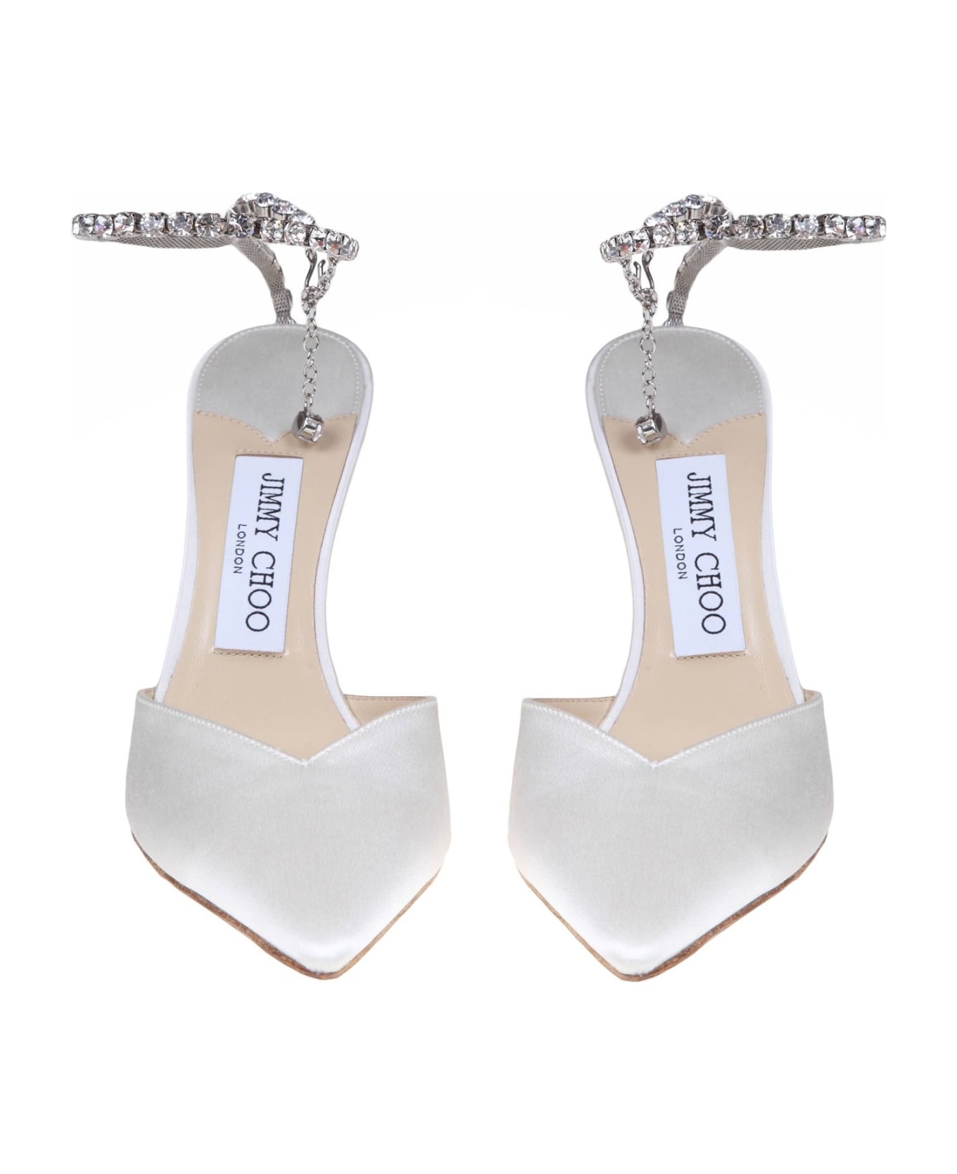 Jimmy Choo Slingback Saeda 100 In Satin With Applied Crystals - Ivory/Crystal