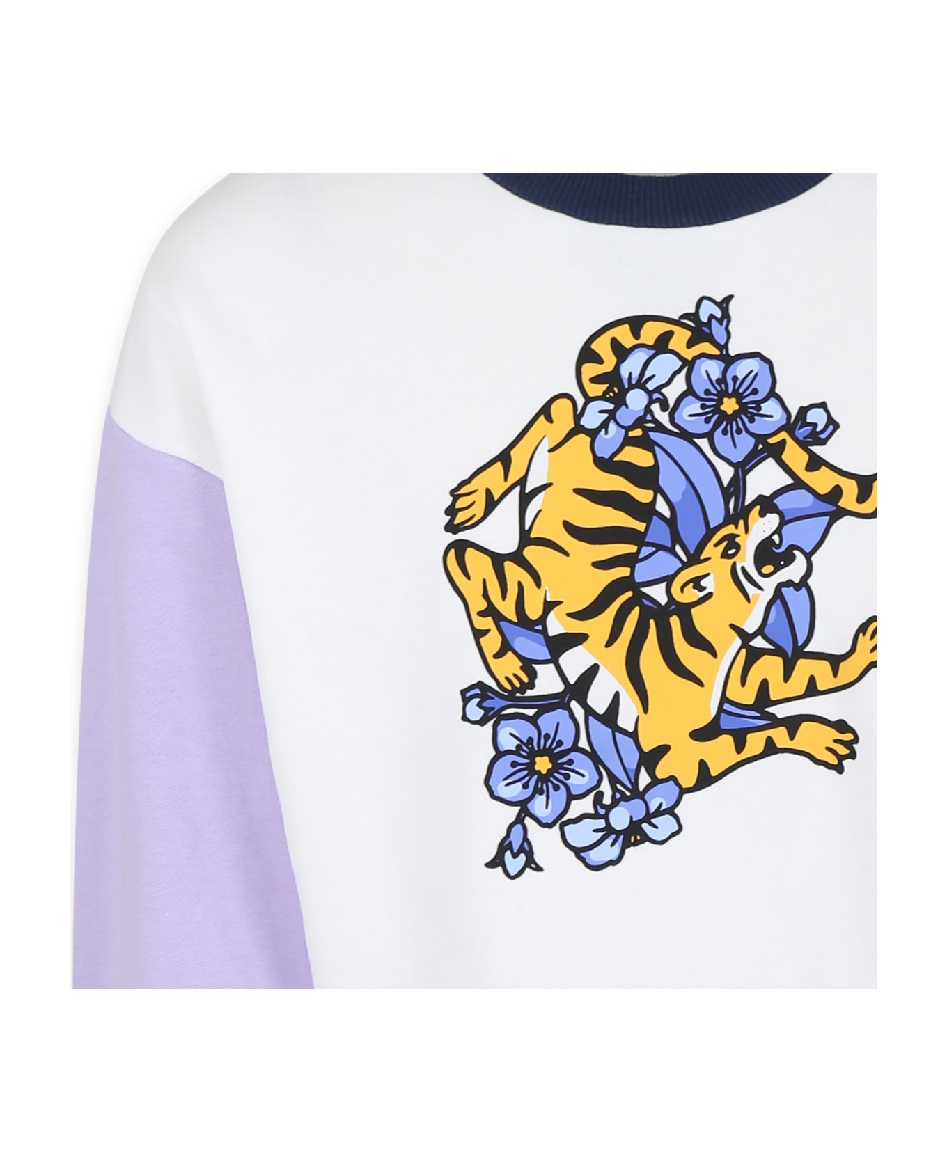 Kenzo Kids Ivory Sweatshirt For Girl With Flowet Motif And Tiger - Multicolor ニットウェア＆スウェットシャツ