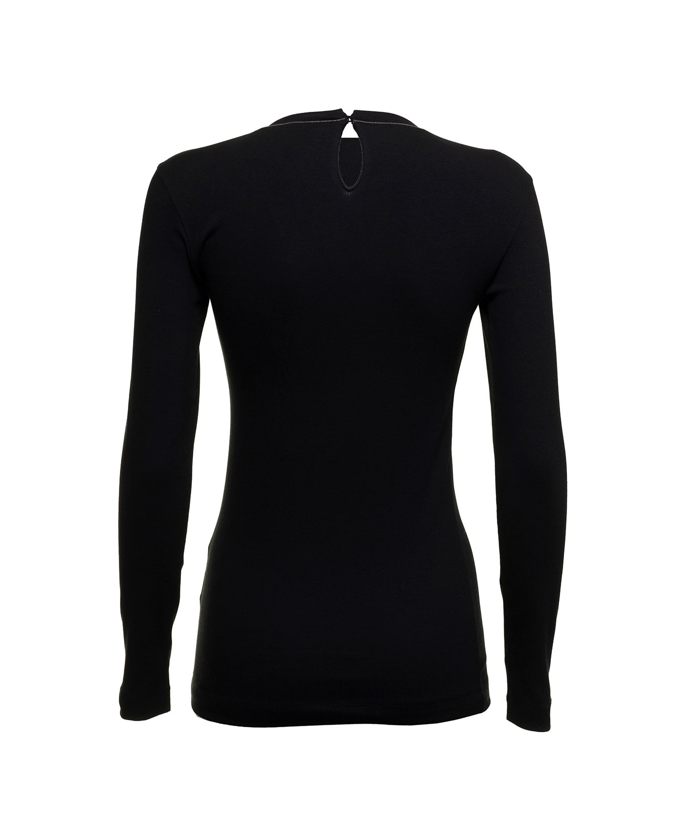 Brunello Cucinelli Womans Long-sleeved Black Cotton T-shirt With Monile Crew Neck - Black