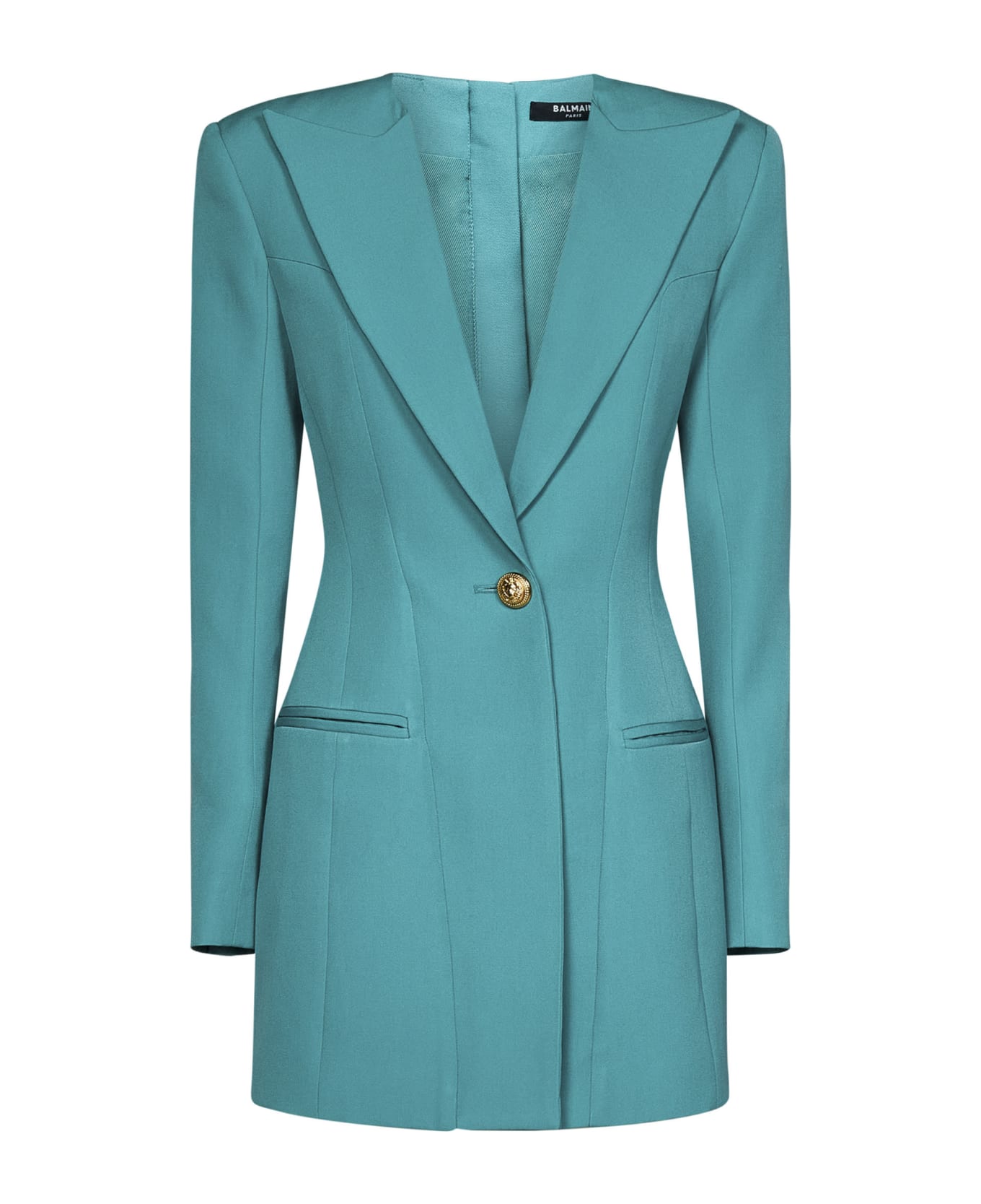 Balmain Light Blue Tailored Blazer Dress With Padded Shoulders In Wool Woman - Green ブレザー