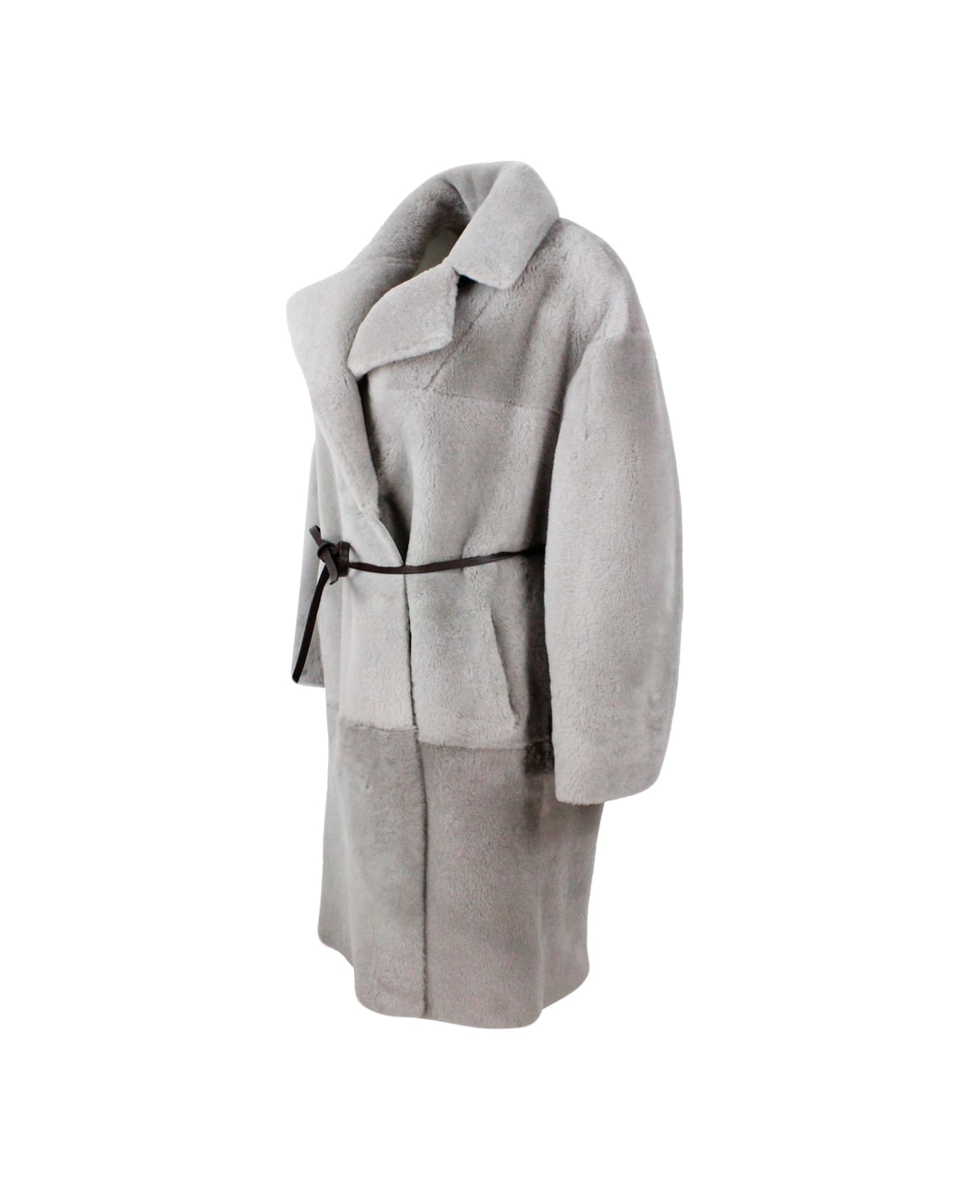 Fabiana Filippi Long Coat In Reversible Shearling Sheepskin With Belt At The Waist And One Button Closure - Nut