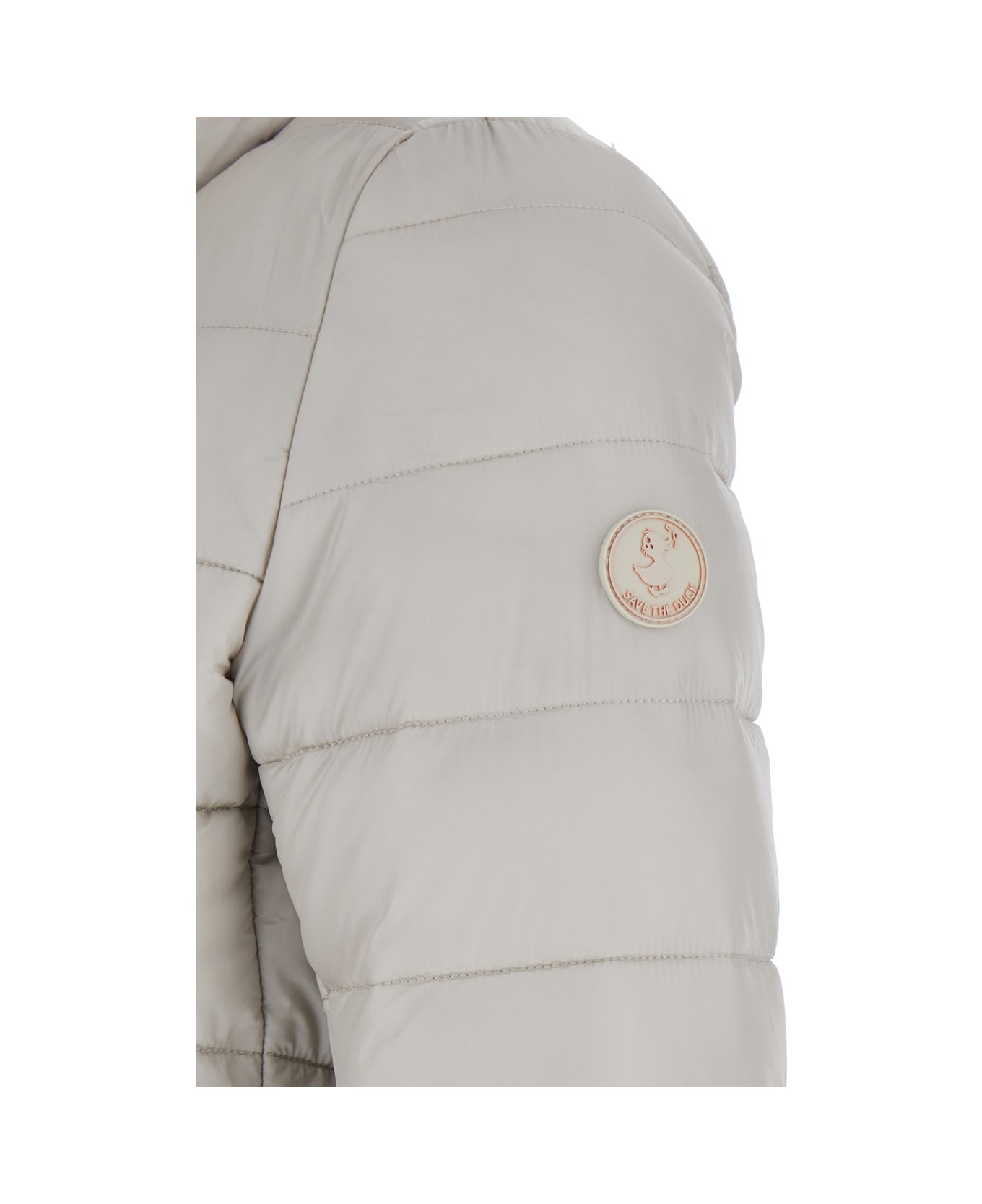 Save the Duck 
lydia
 Beige Down Jacket With High Neck And Logo Patch On The Sleeve In Tech Fabric Woman - Rainy Beige