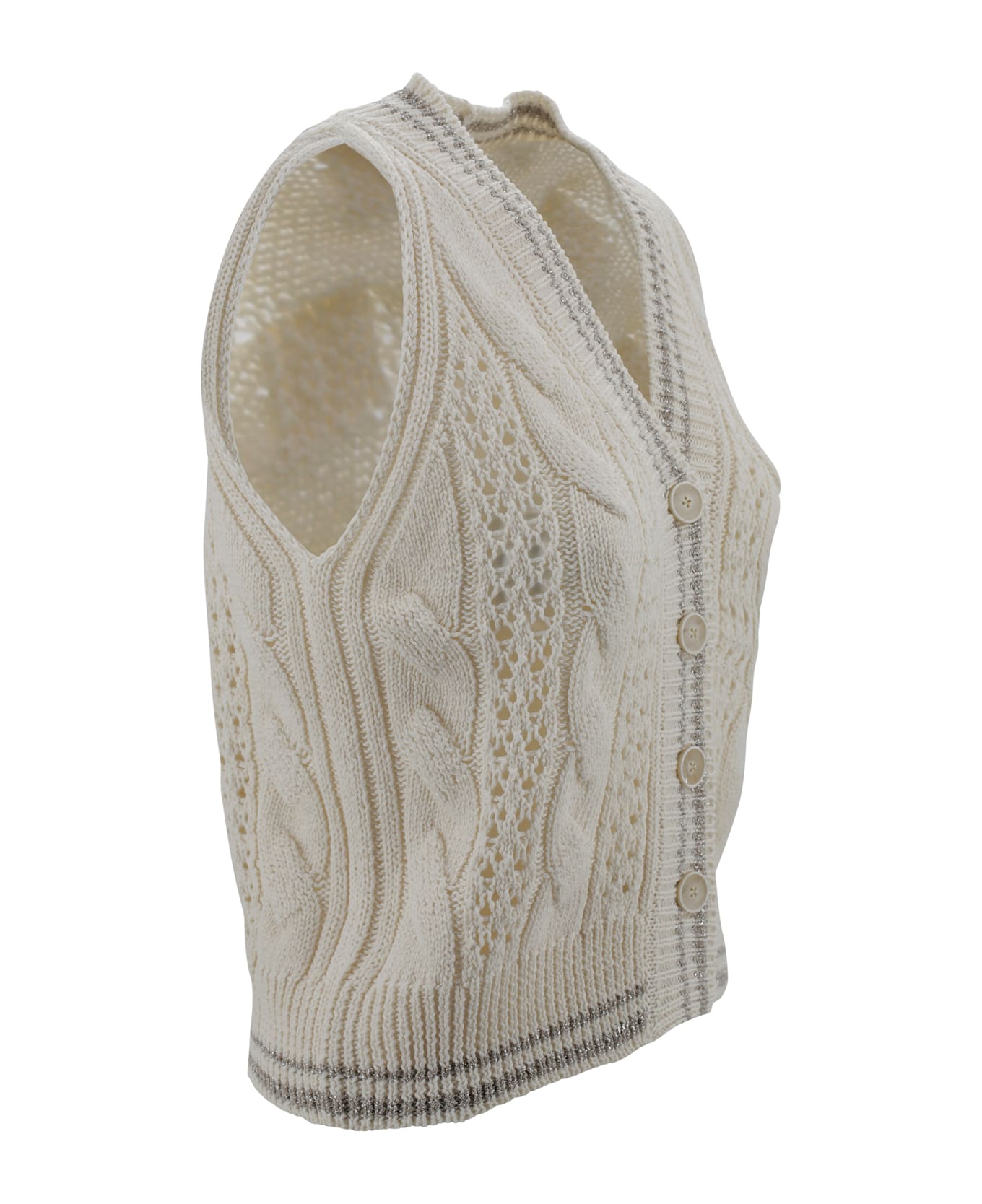 D.Exterior Sweater Vest With Cable Knit Design - Ivory