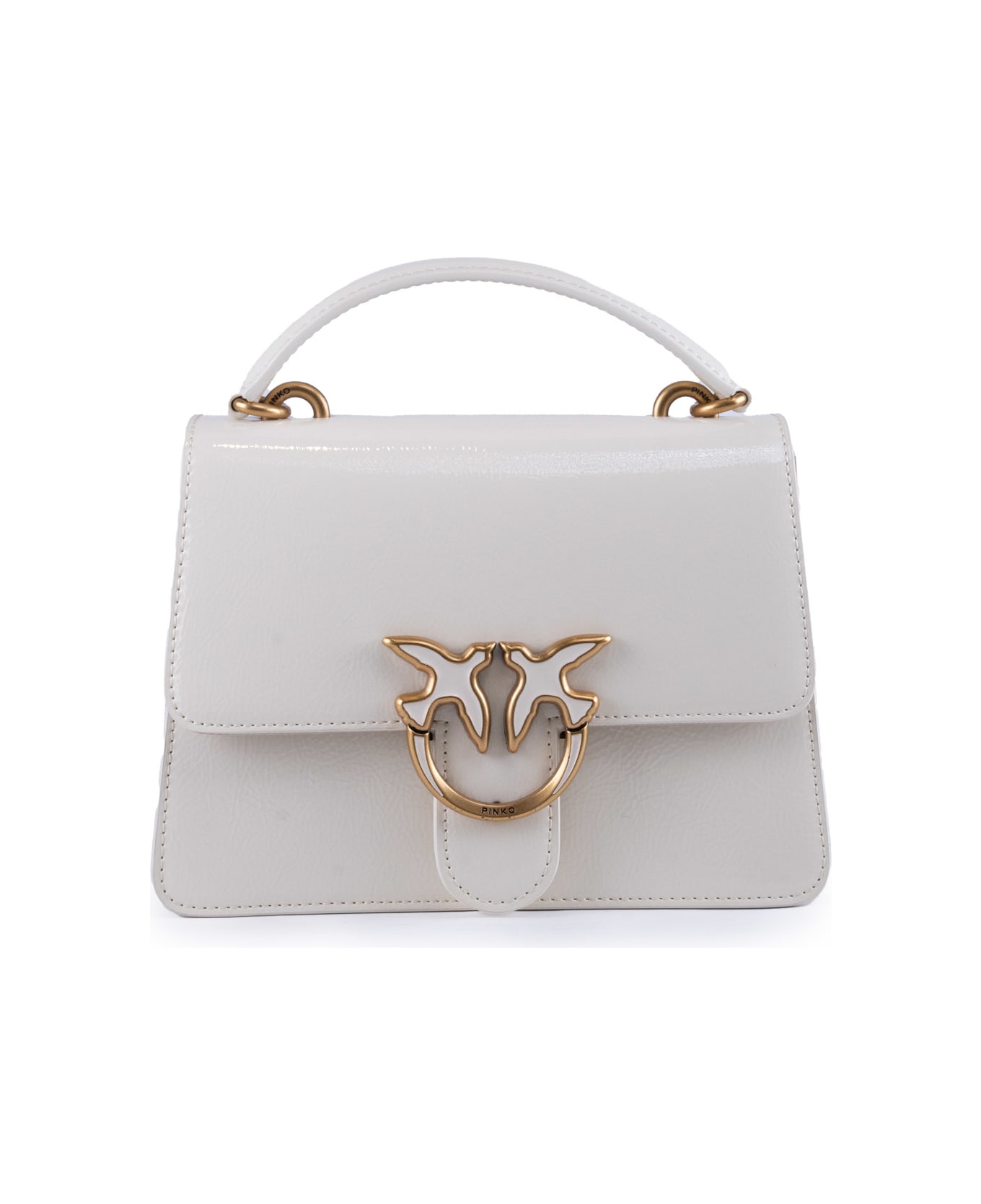 Pinko Mini Love One Top Handle Light Bag With Shiny Leather Effect - Bianco seta-antique gold