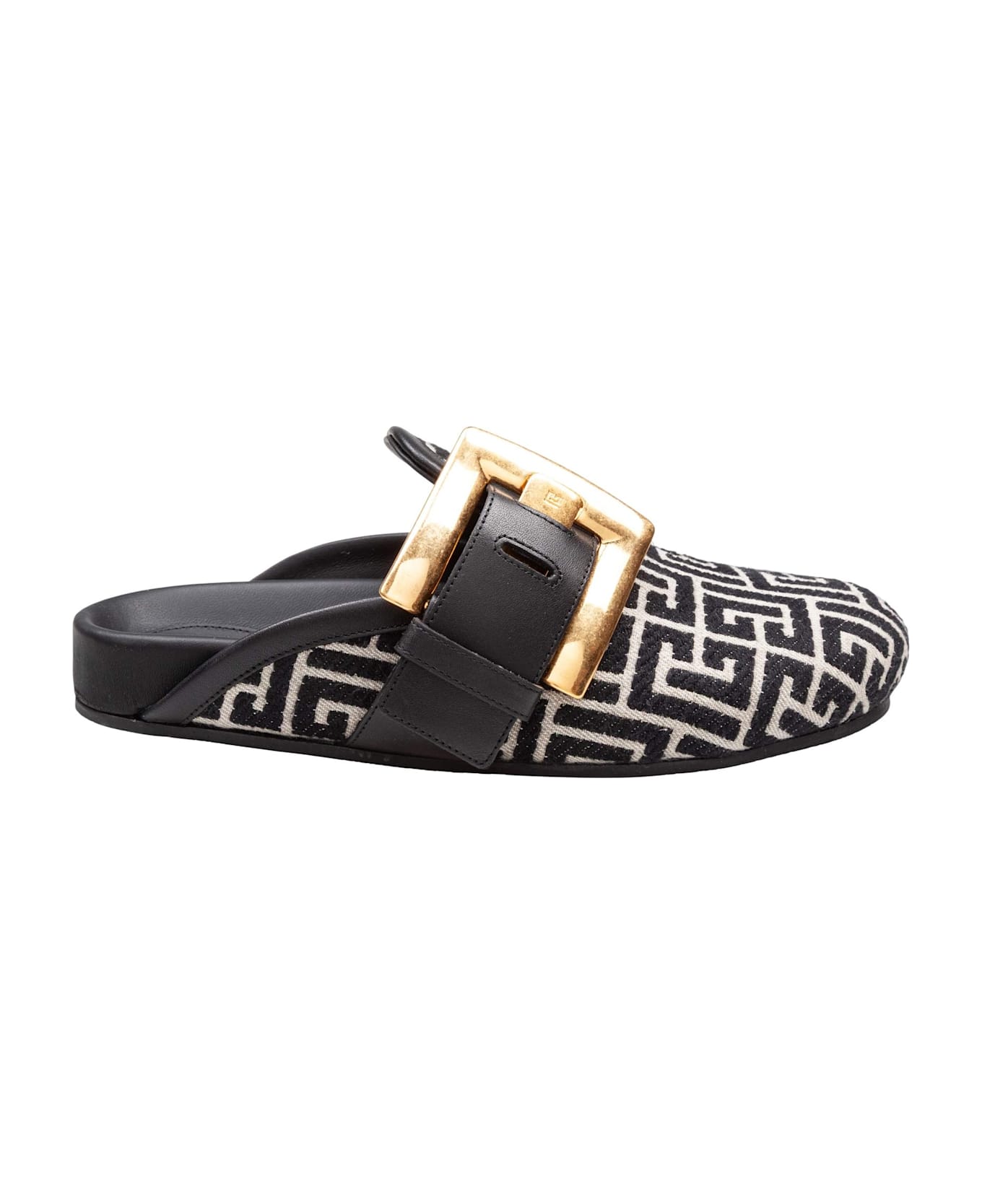 Balmain Flat Mule In Jacquard Canvas Black And Ivory - BLACK/IVORY
