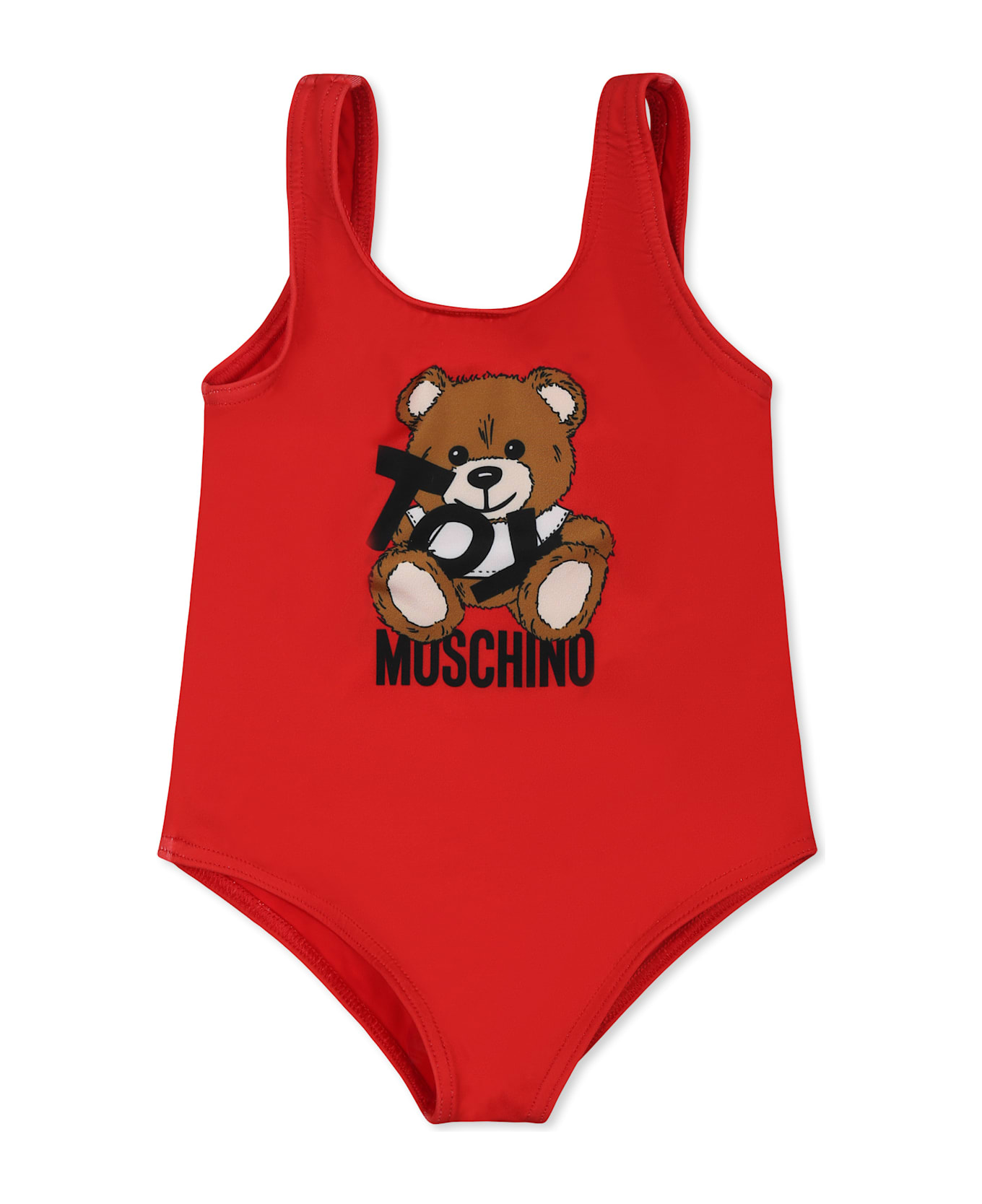 Moschino Red Swimsuit For Baby Girl With Teddy Bear And Black Logo - Red