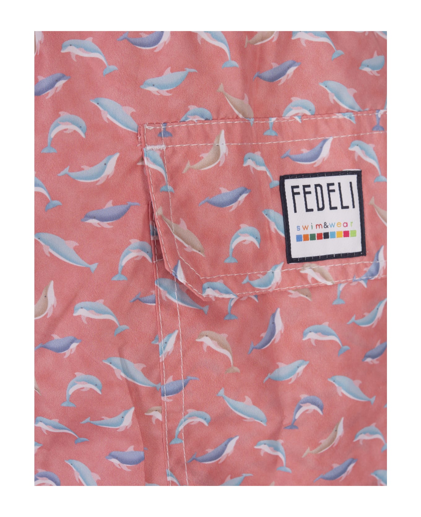Fedeli Red Swim Shorts With Blue Dolphin Pattern - Red