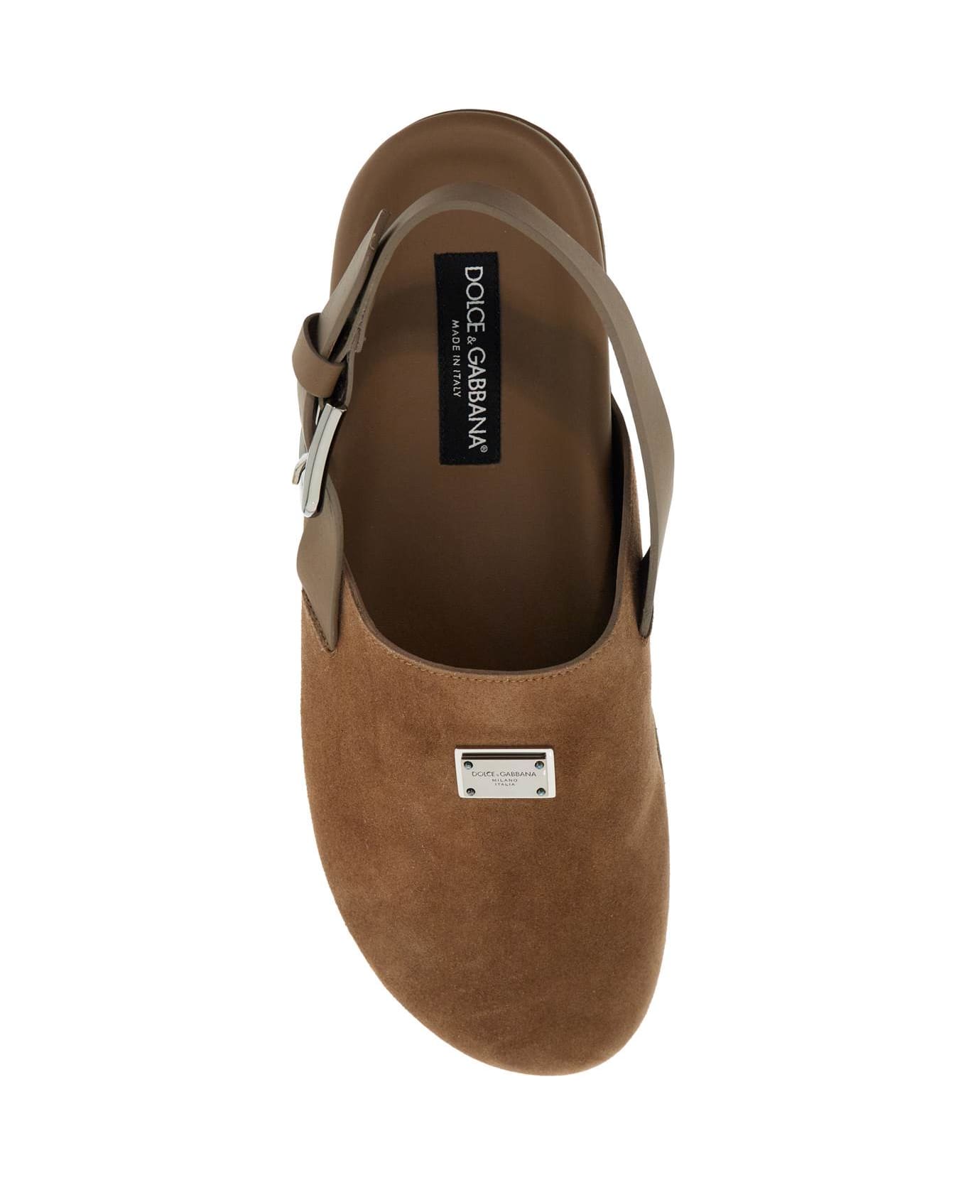 Dolce & Gabbana Suede Leather Clogs With Logo Plate - NOCCIOLA (Brown)