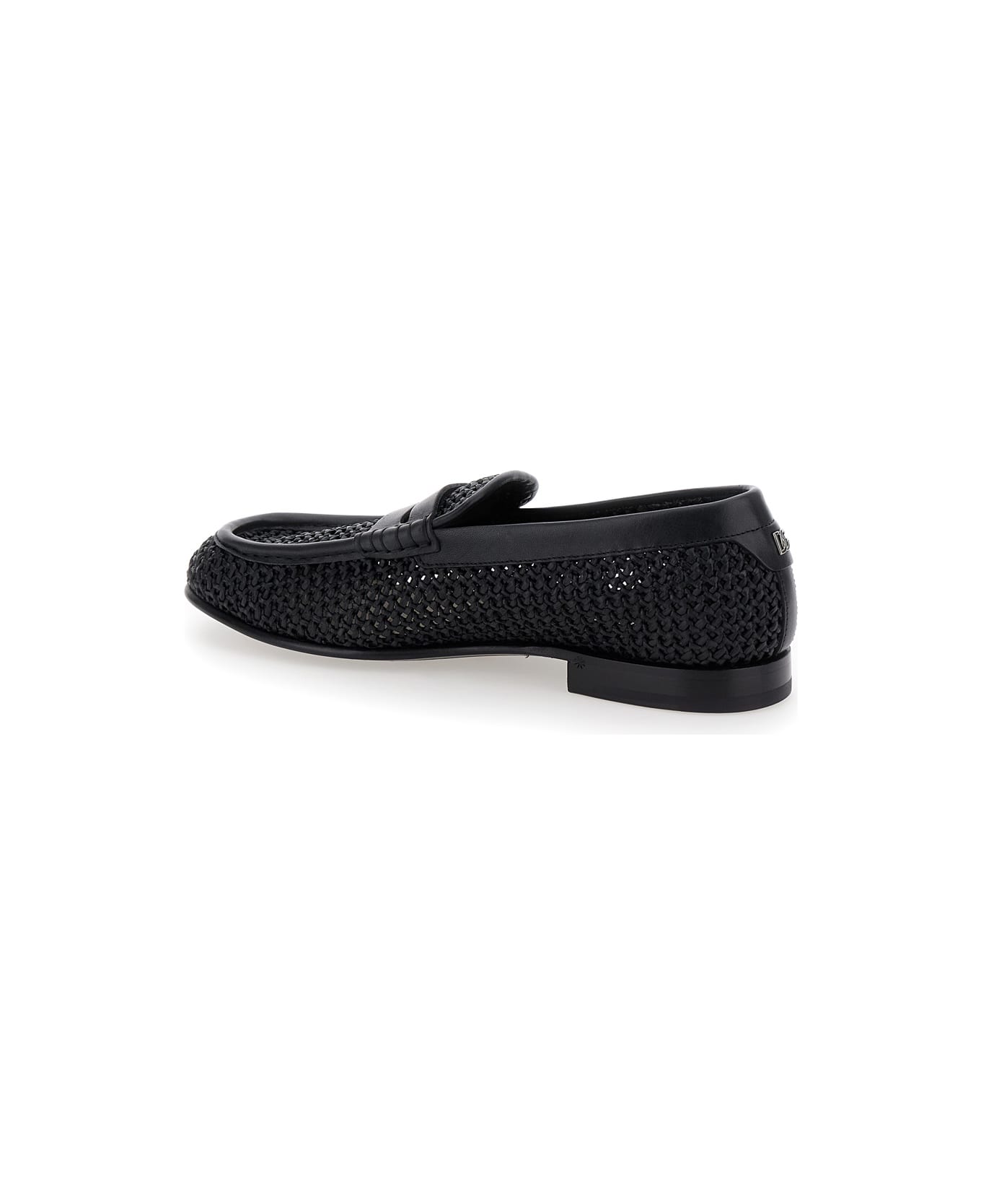 Dolce & Gabbana Black Slip-on Loafers In Woven Rafia Man - NERO/NERO